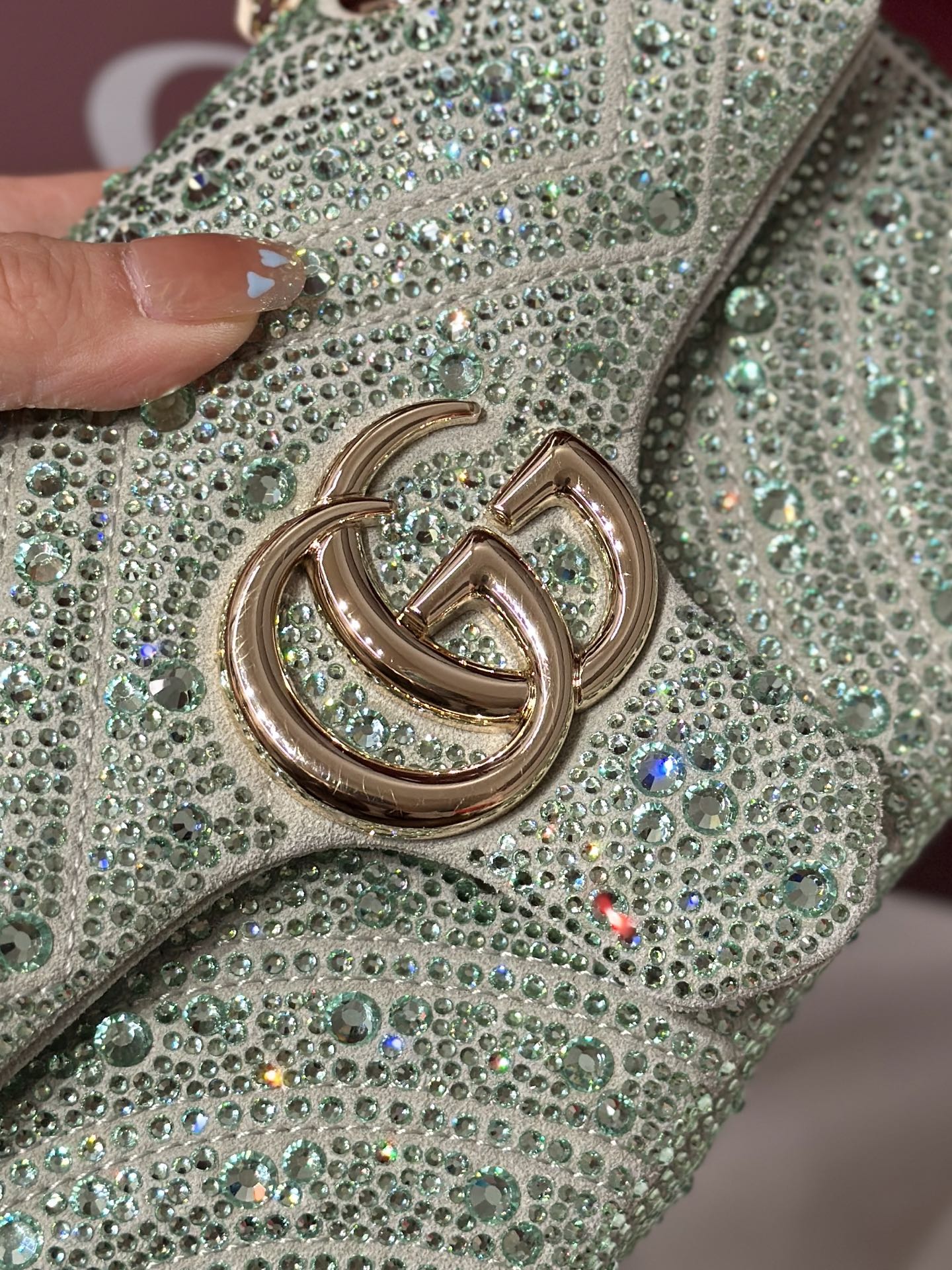 GG Marmont Crystals Small Shoulder Bag Green Leather