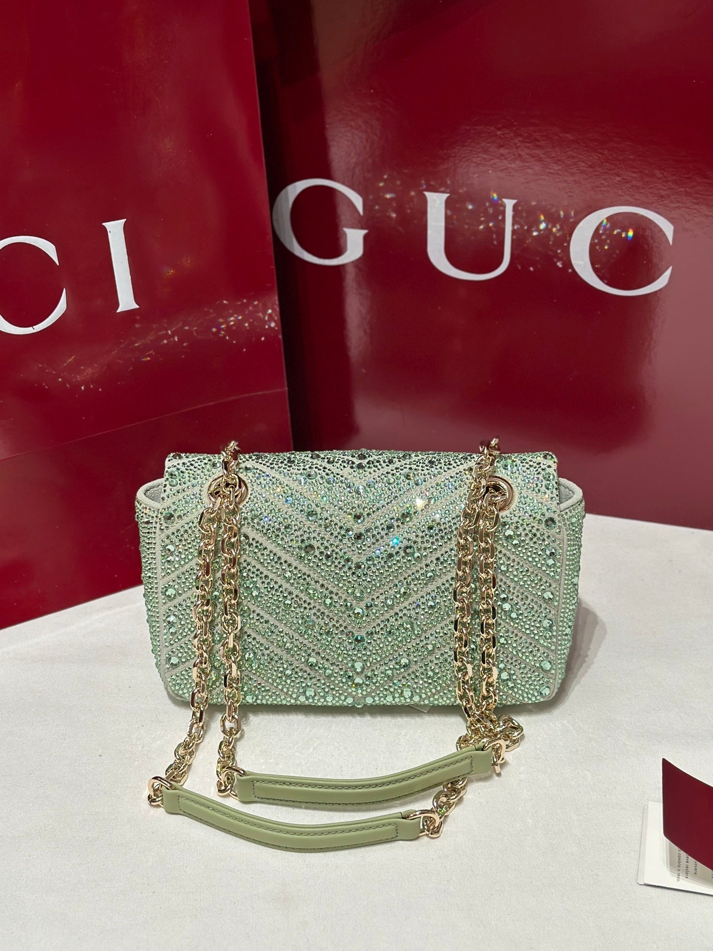 GG Marmont Crystals Small Shoulder Bag Green Leather