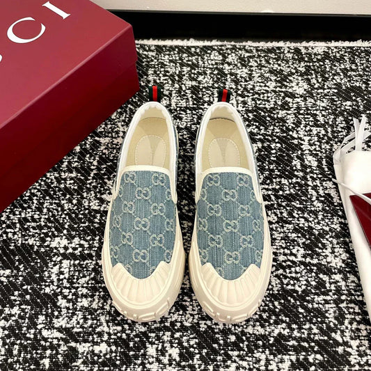 GG 26 Platform Loafers Light Blue White Monogram Denim 632827