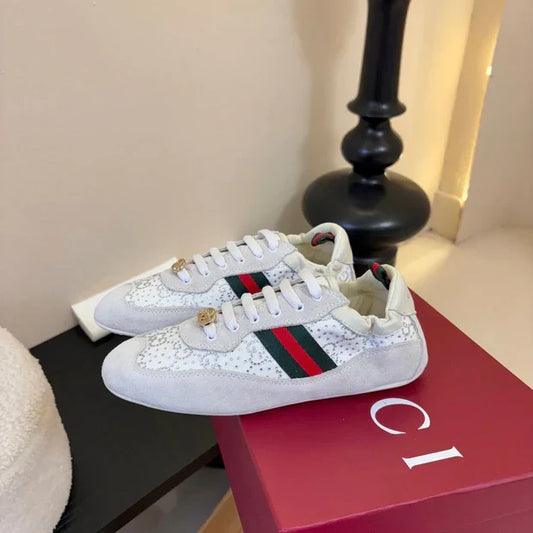 GG 26 Casual Sneakers White Light Gray Cowhide Suede Rhinestones 627231