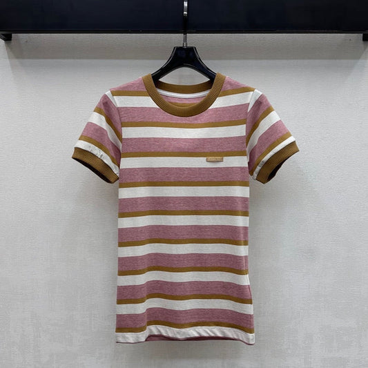 Prada 2026 Bayadere Stripe Short-Sleeve T-Shirt Pink Brown White Cotton