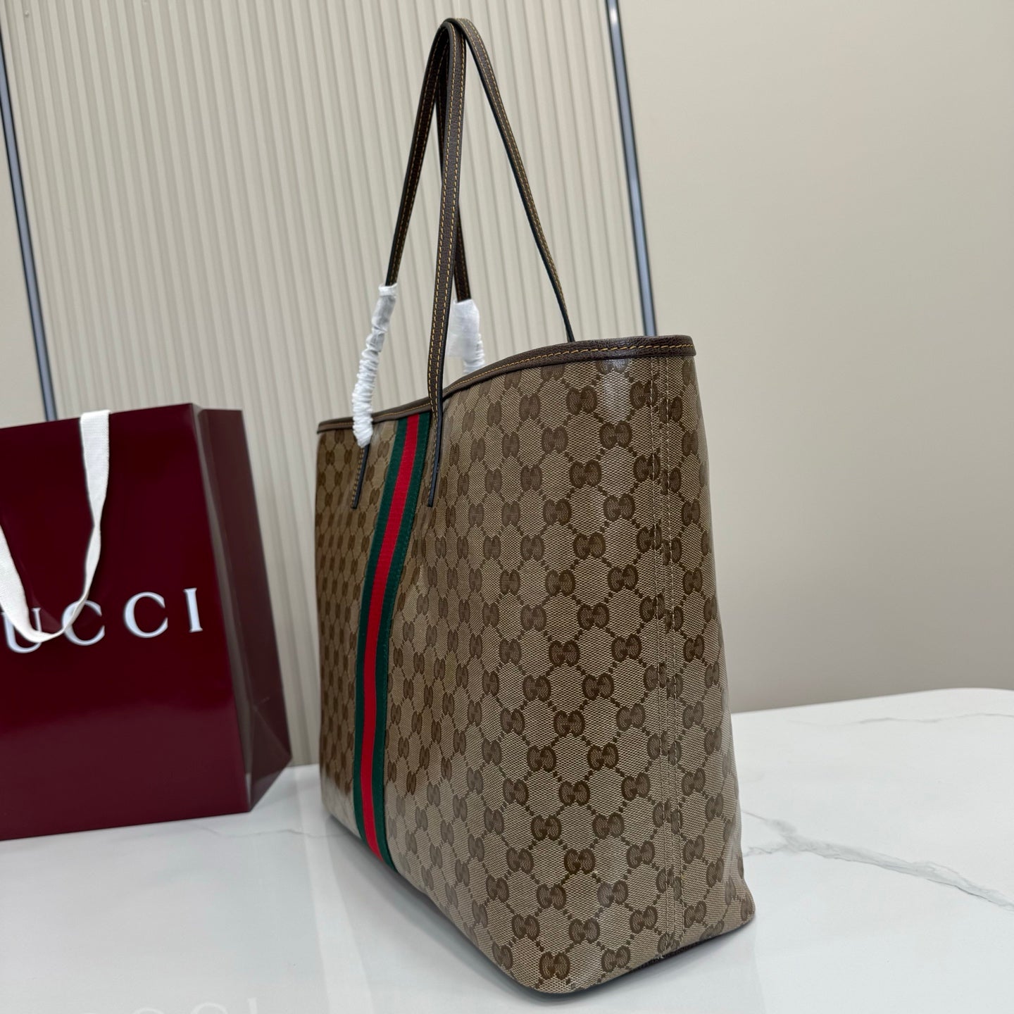 GG Tribeca Large Tote Bag Brown Beige Canvas Cowhide 141724
