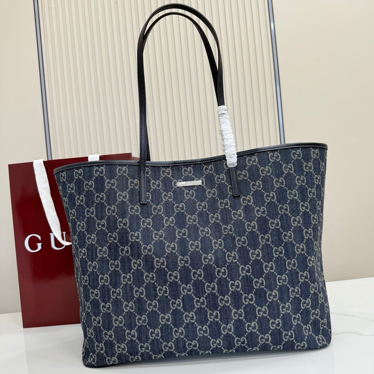 GG Tribeca Large Tote Bag Dark Blue Canvas Cowhide 141726