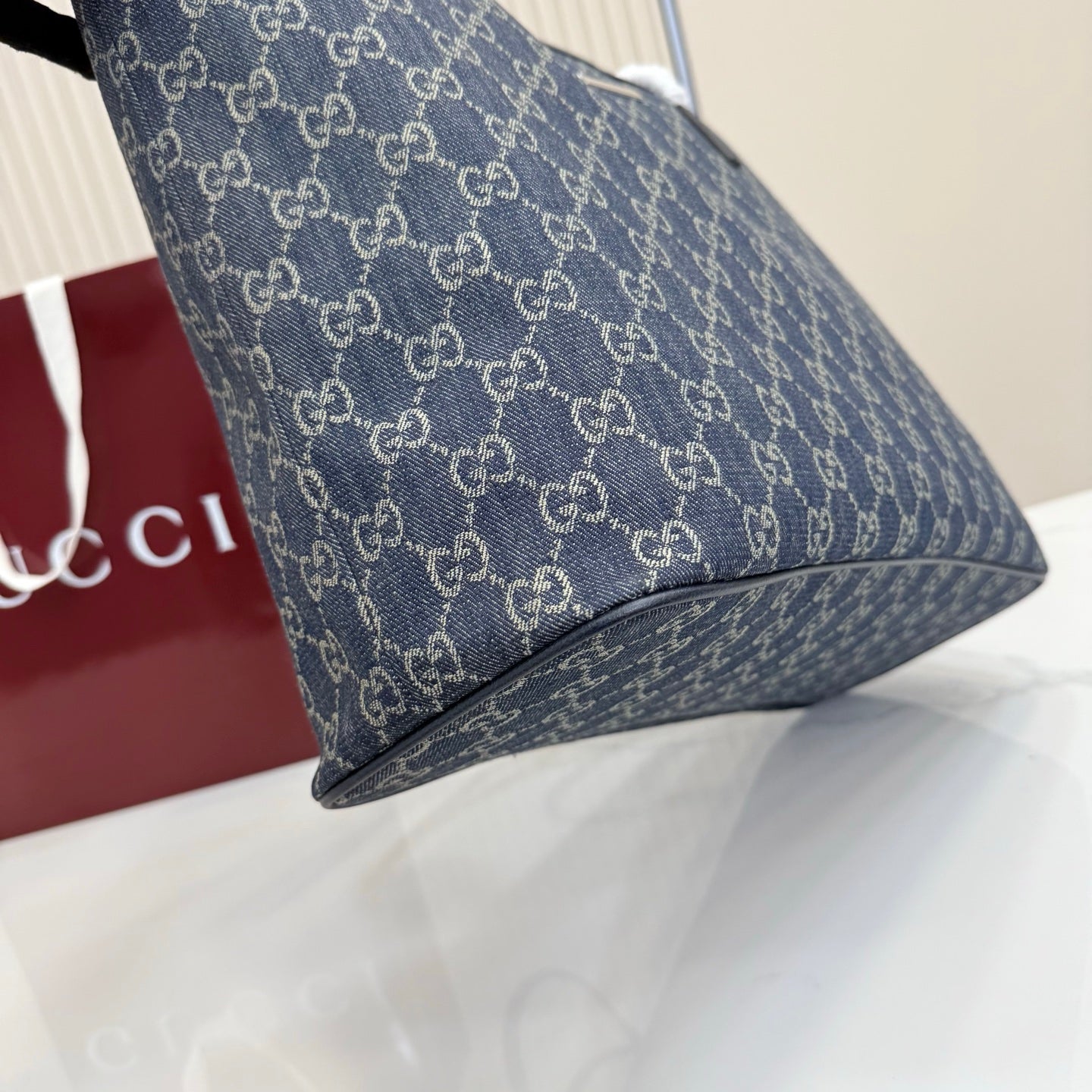 GG Tribeca Large Tote Bag Dark Blue Canvas Cowhide 141726