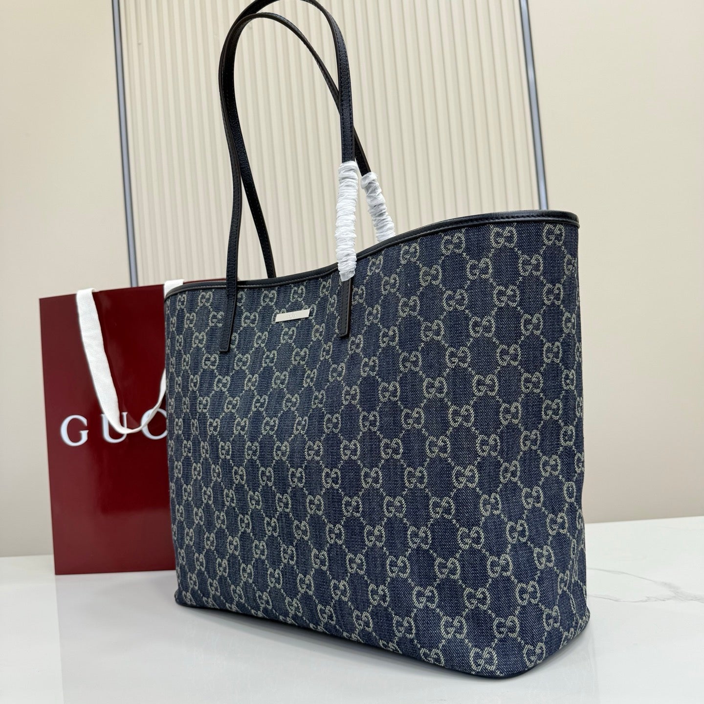 GG Tribeca Large Tote Bag Dark Blue Canvas Cowhide 141726