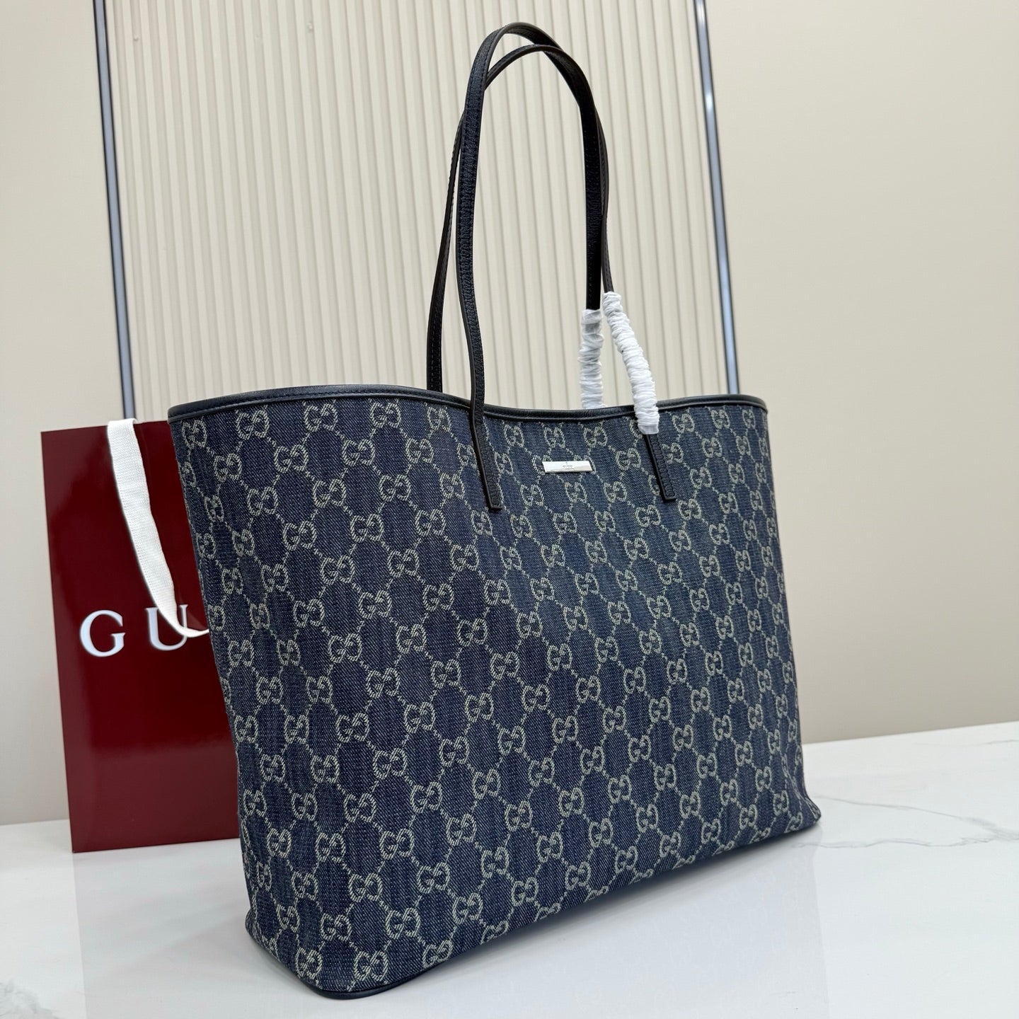 GG Tribeca Large Tote Bag Dark Blue Canvas Cowhide 141726