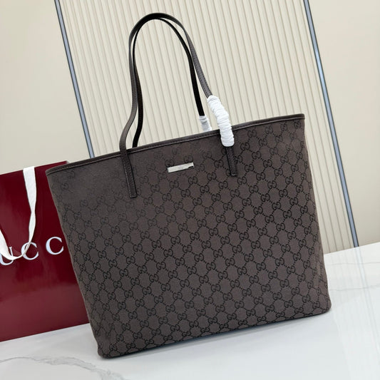 GG Tribeca Large Tote Bag Coffee Canvas Cowhide 141728