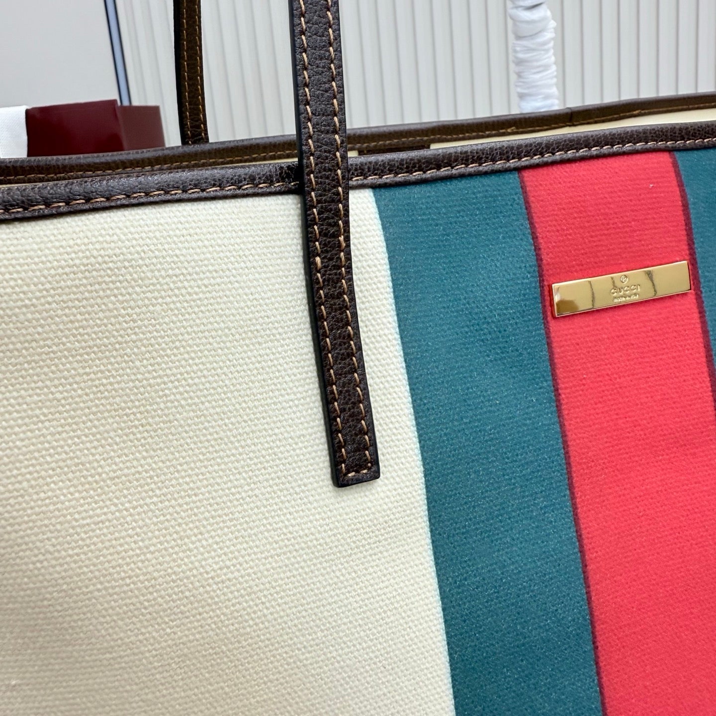 GG Tribeca Large Tote Bag Cream Red Green Canvas Cowhide 141731
