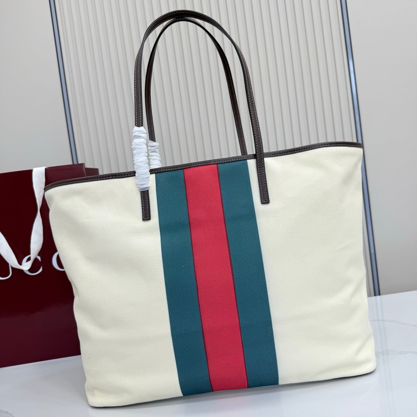 GG Tribeca Large Tote Bag Cream Red Green Canvas Cowhide 141731