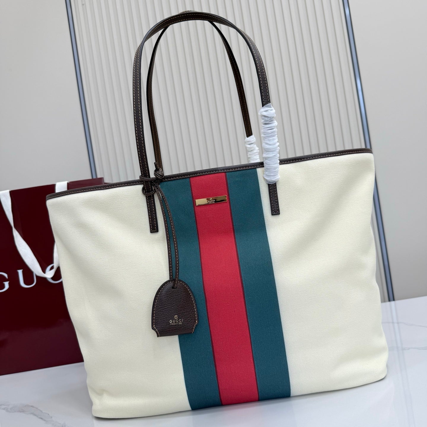 GG Tribeca Large Tote Bag Cream Red Green Canvas Cowhide 141731