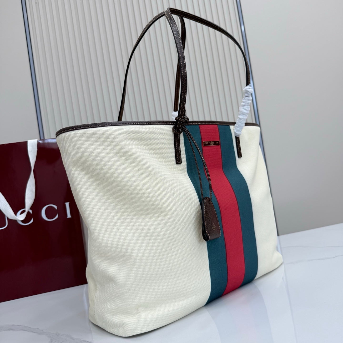 GG Tribeca Large Tote Bag Cream Red Green Canvas Cowhide 141731
