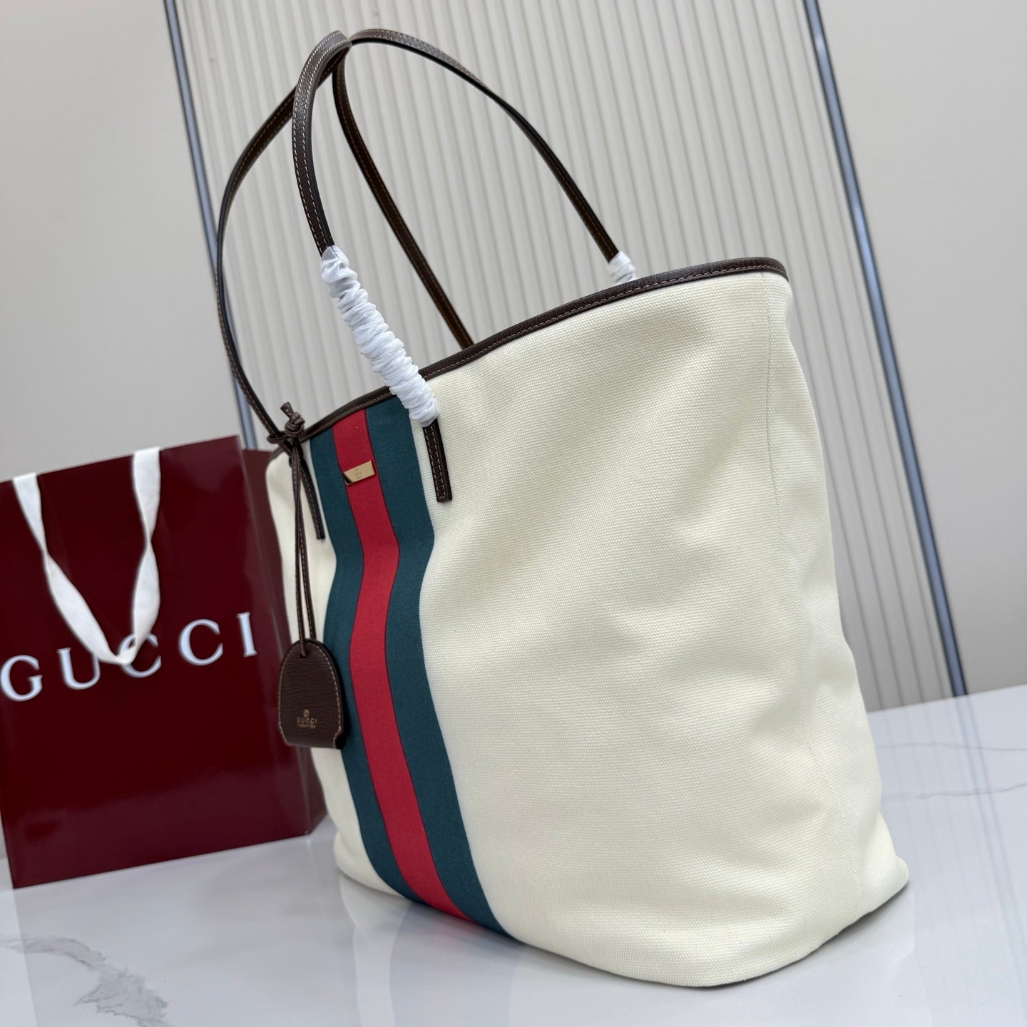 GG Tribeca Large Tote Bag Cream Red Green Canvas Cowhide 141731