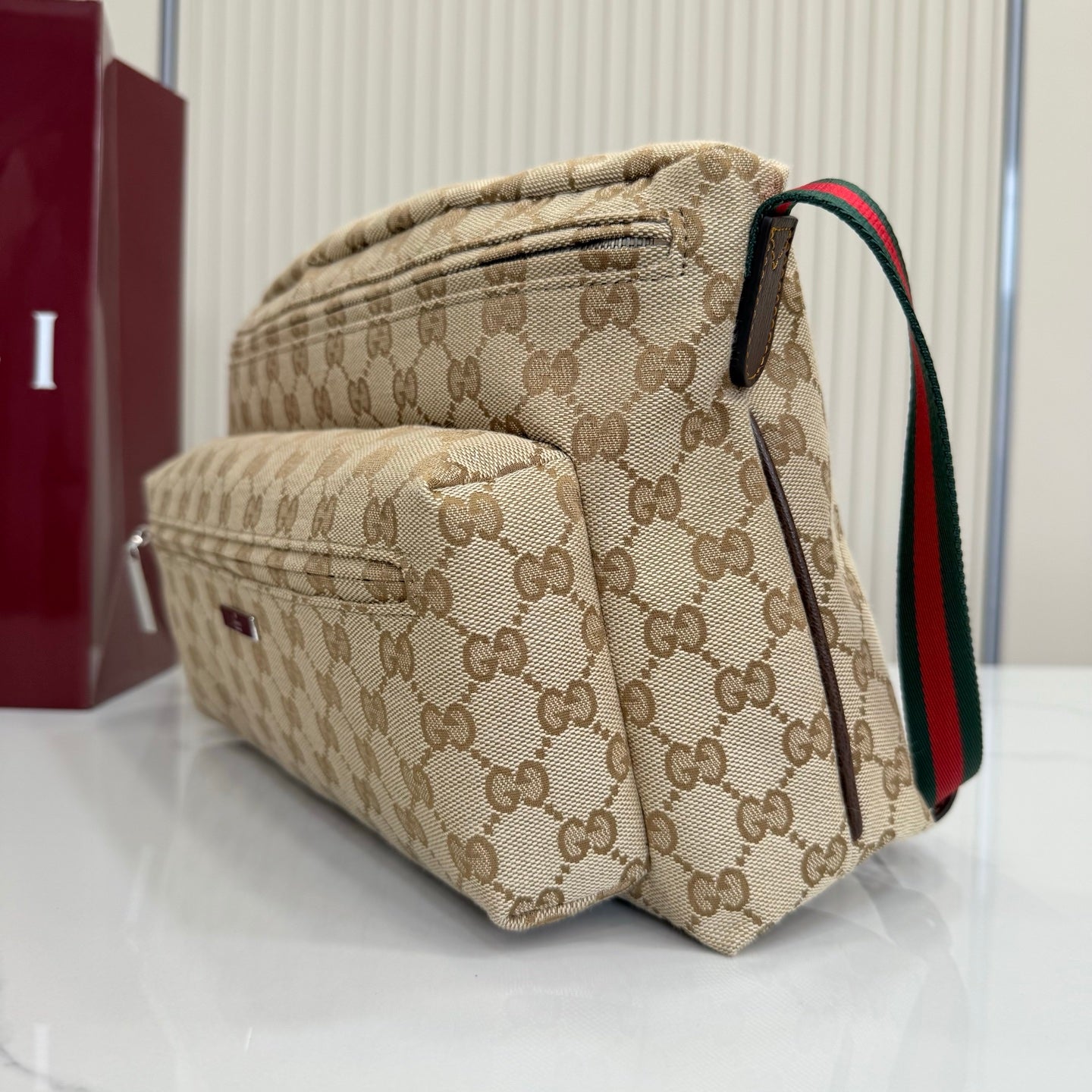 GG Tag Medium Crossbody Bag Beige Canvas
