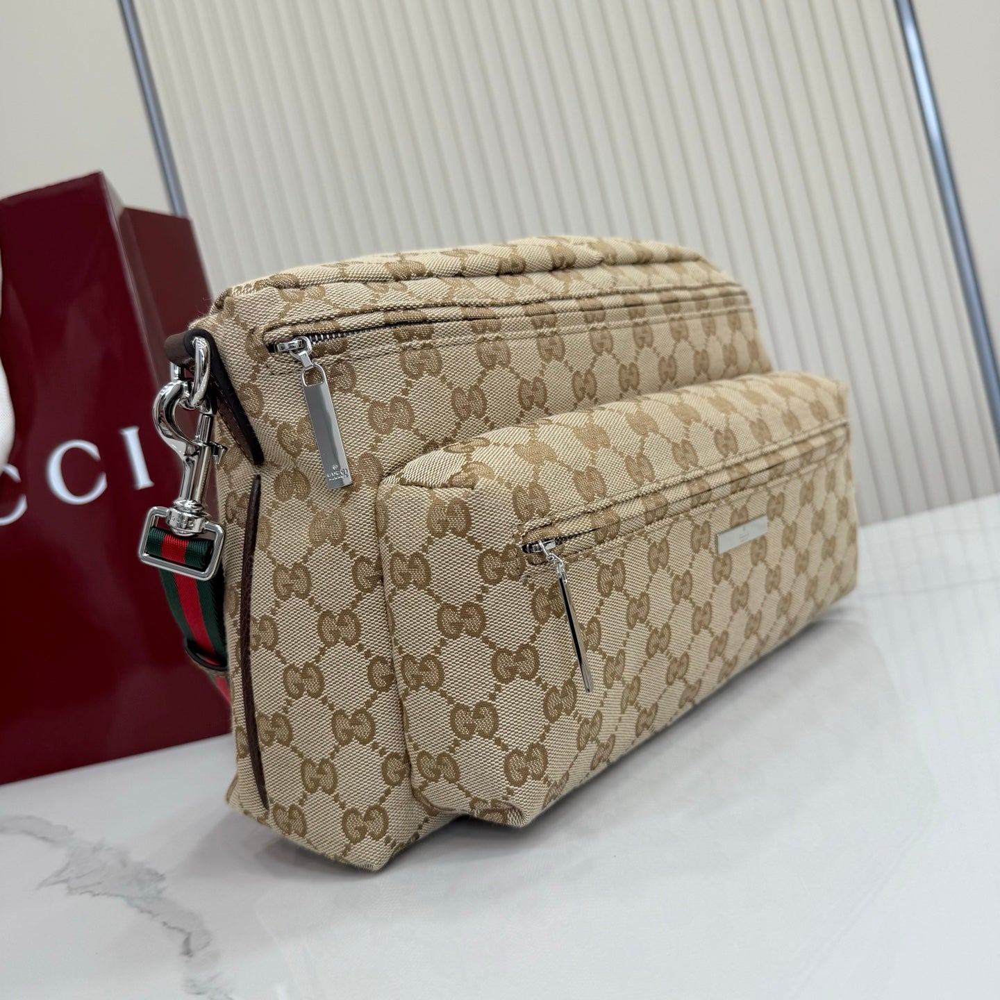 GG Tag Medium Crossbody Bag Beige Canvas