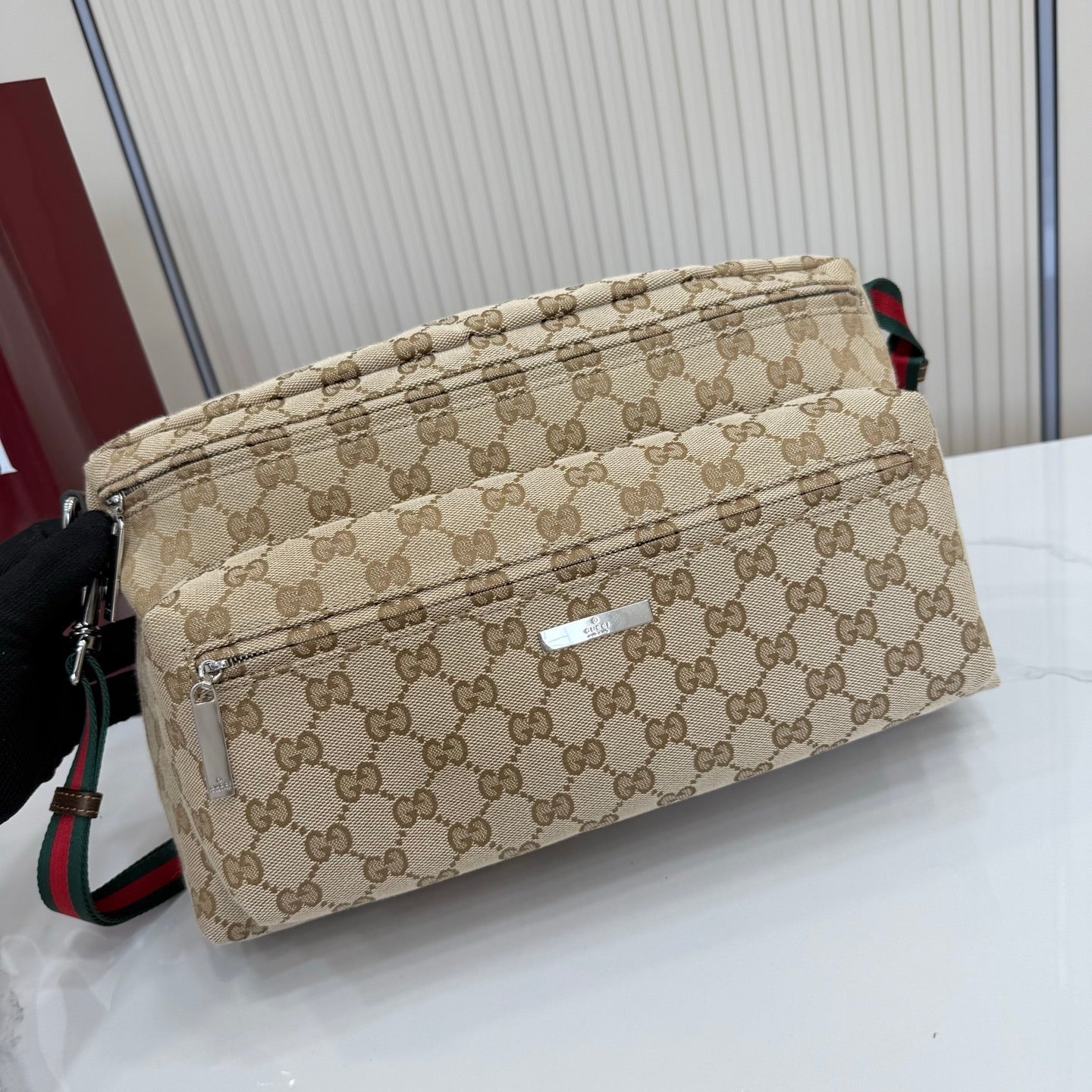 GG Tag Medium Crossbody Bag Beige Canvas