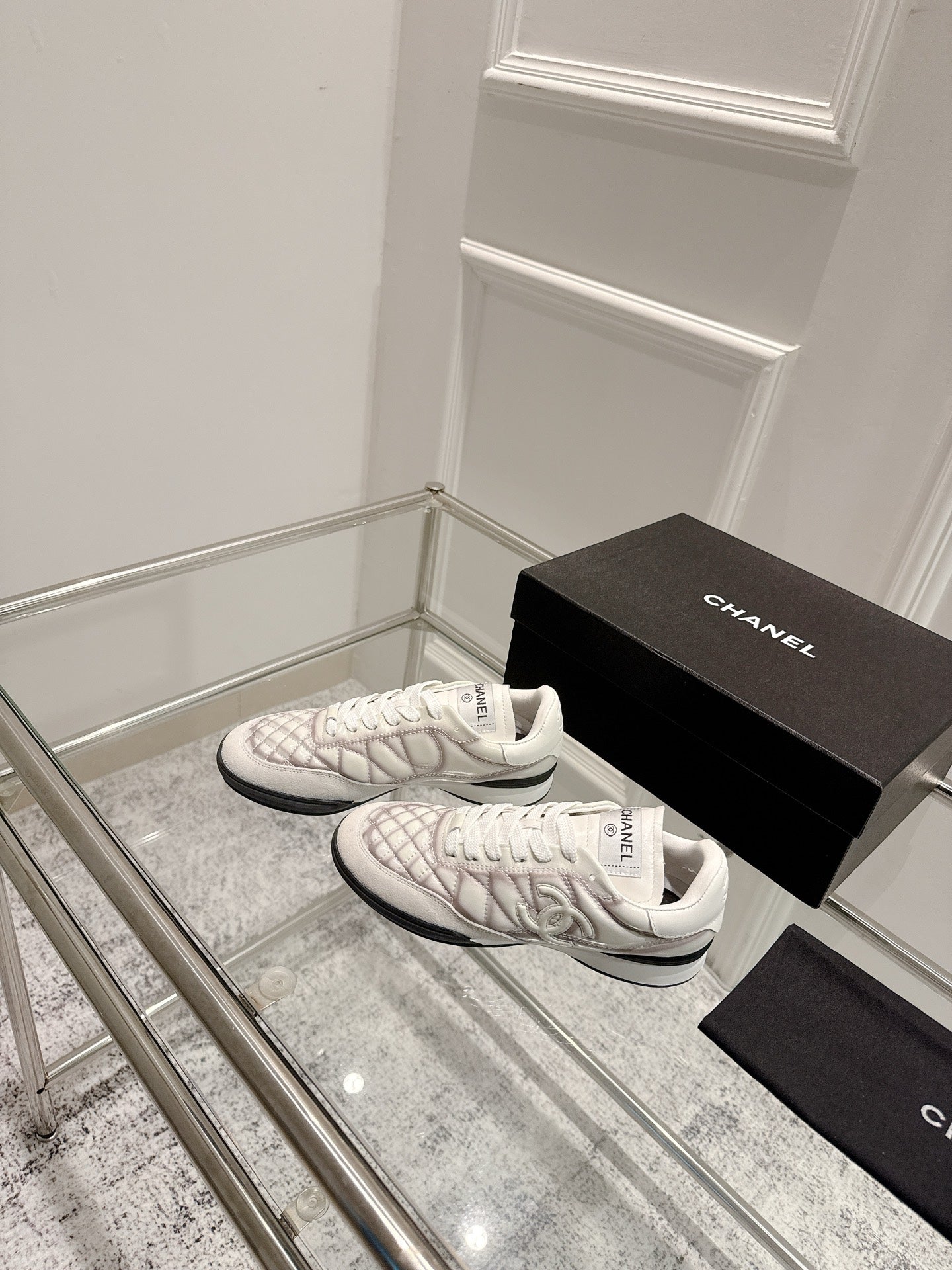 Chanel 25A Sports Shoes White Black Sheepskin 393112