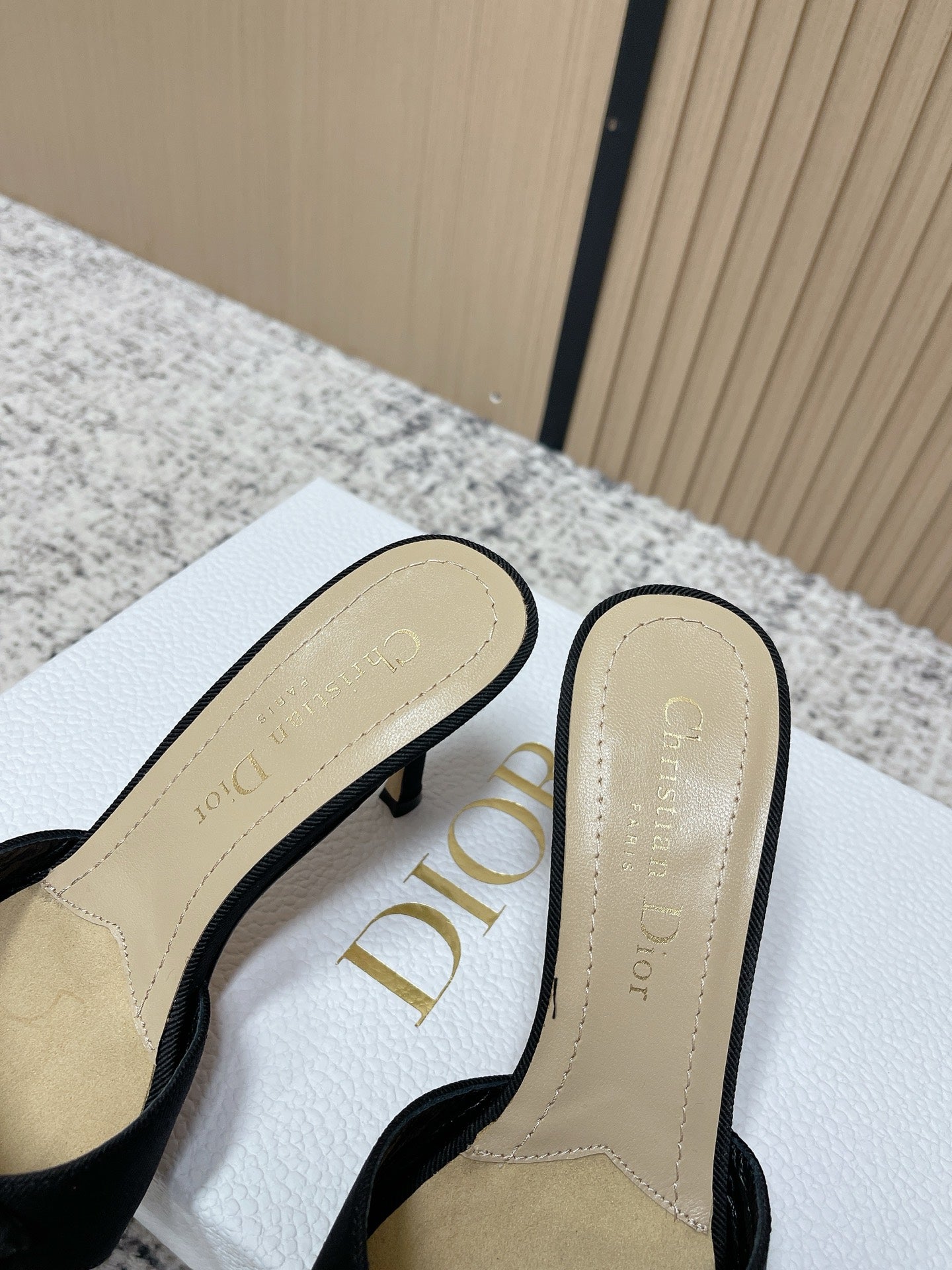 CD 26s High Heel Slippers 75 Black Beige Canvas Leather 643490