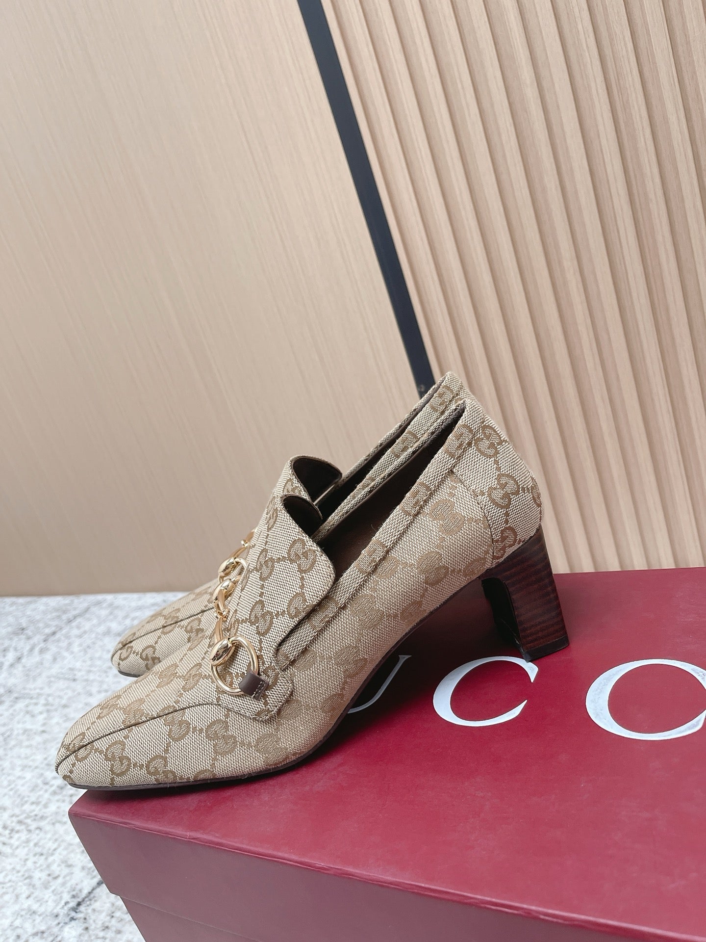 GG Jordaan Loafer High Heel Beige Brown Canvas 752228
