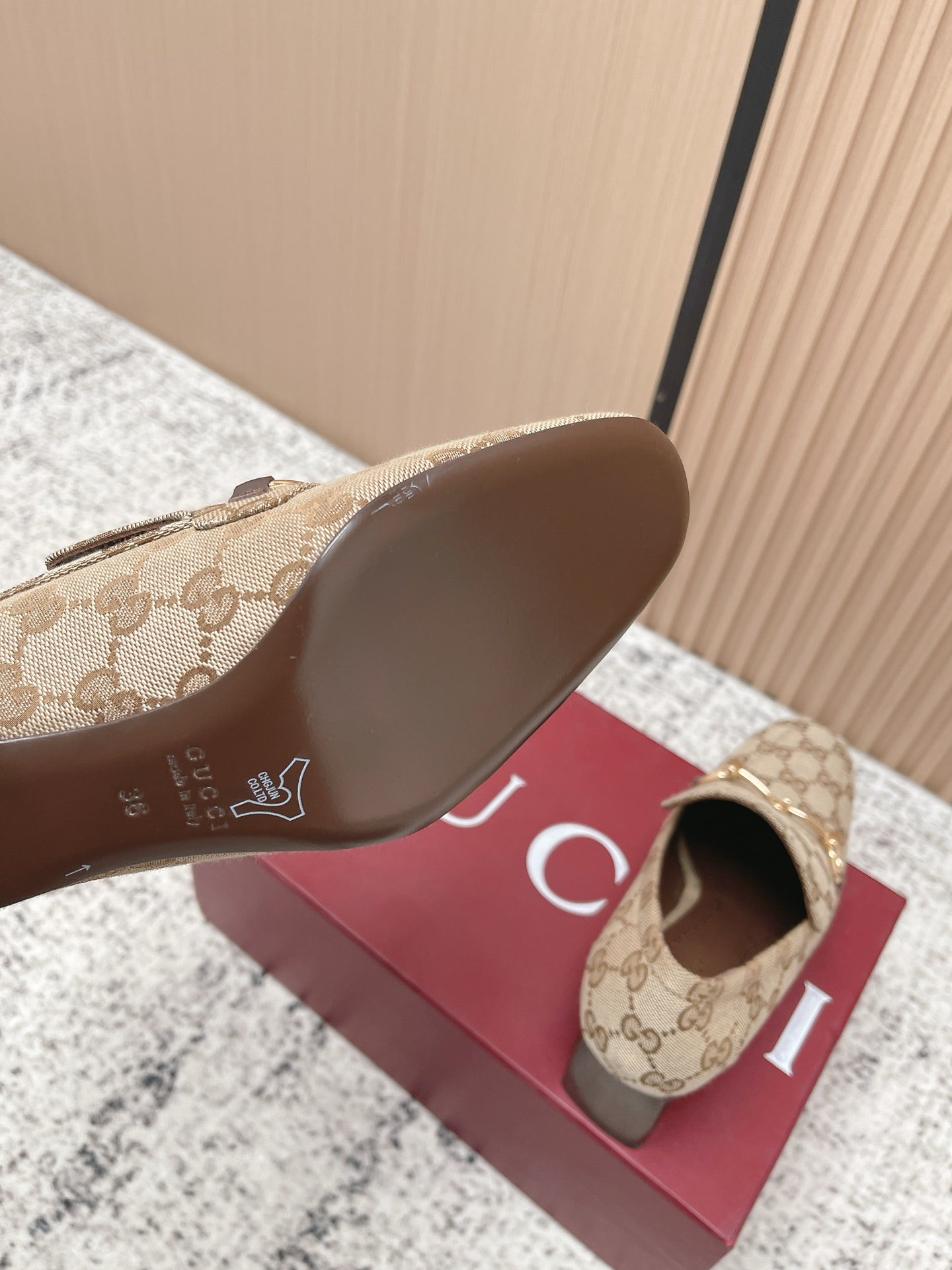 GG Jordaan Loafer High Heel Beige Brown Canvas 752228