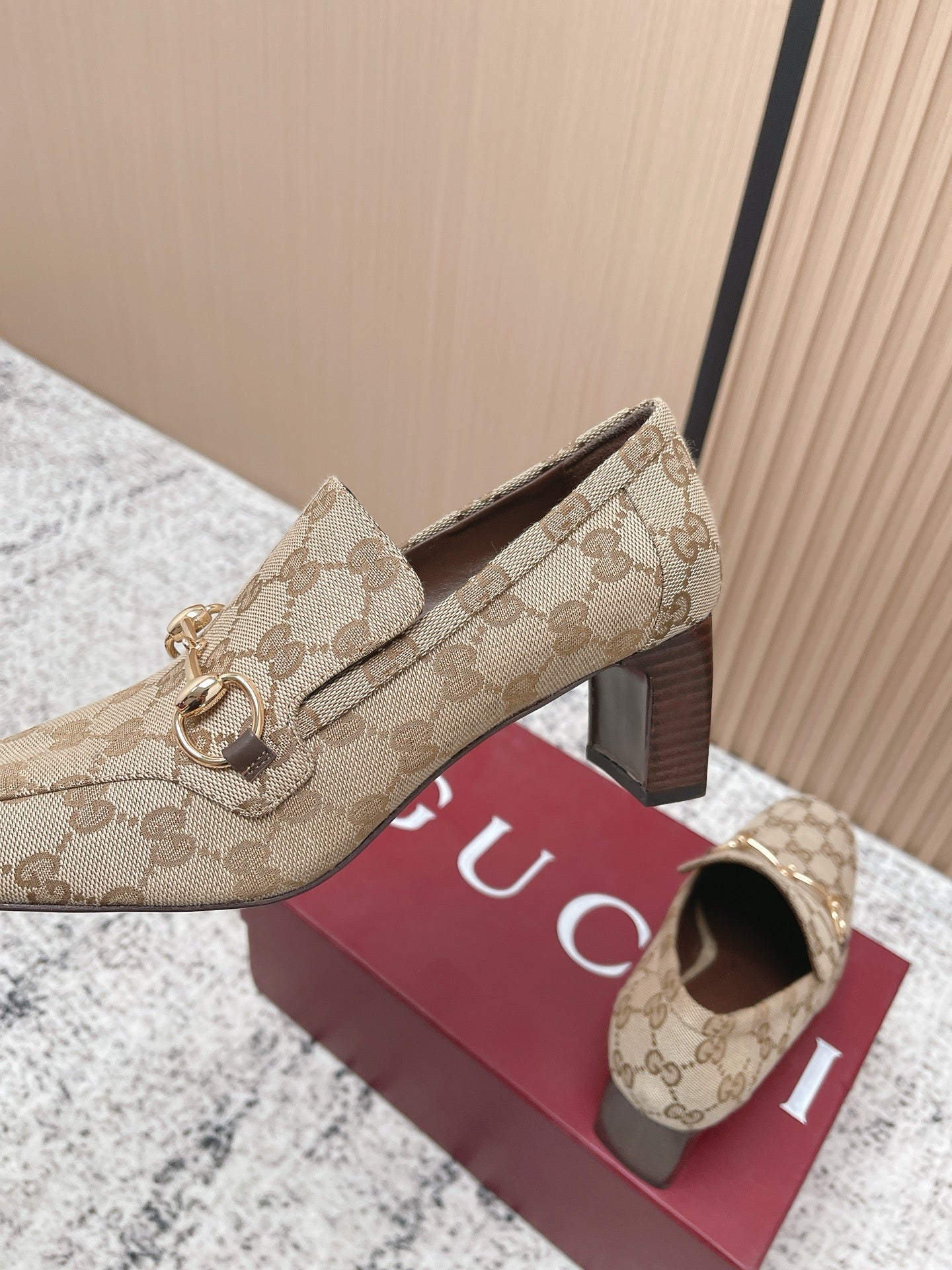 GG Jordaan Loafer High Heel Beige Brown Canvas 752228