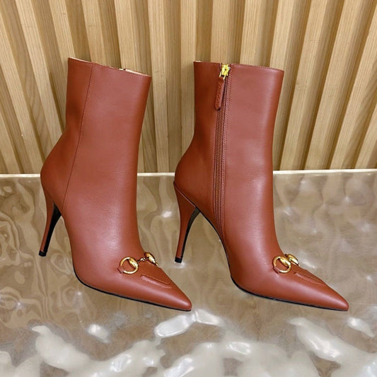Gucci 2025 Thick-heeled Square-toed Ankle Boots Brown Sheepskin 498070