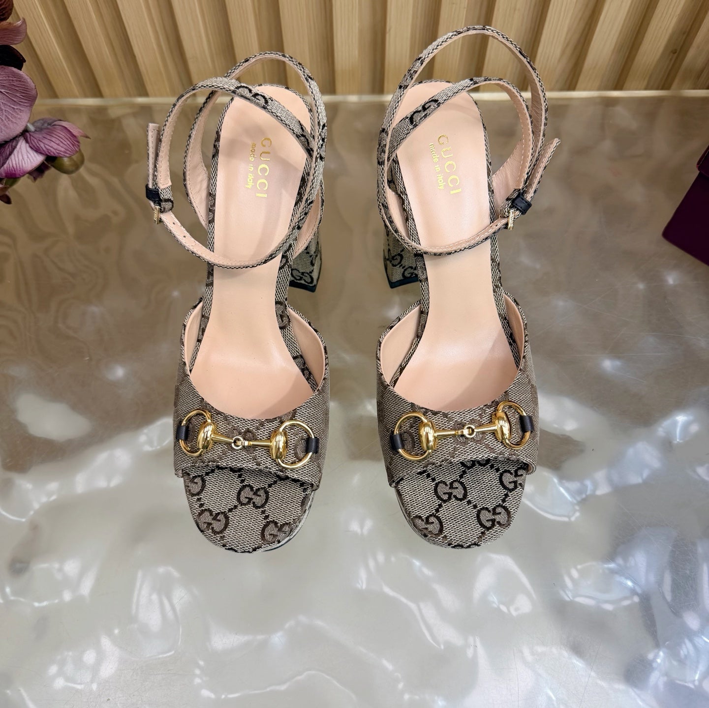 GG 26s Horsebit Platform Sandals 11cm Beige Brown Canvas 886501