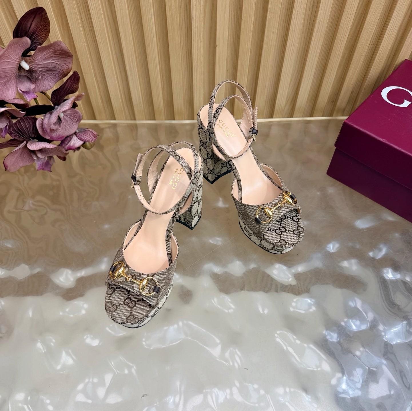 GG 26s Horsebit Platform Sandals 11cm Beige Brown Canvas 886501