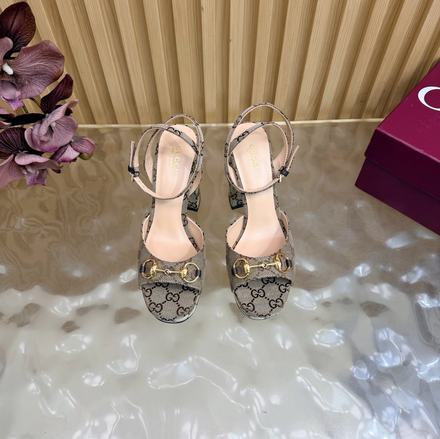 GG 26s Horsebit Platform Sandals 11cm Beige Brown Canvas 886501