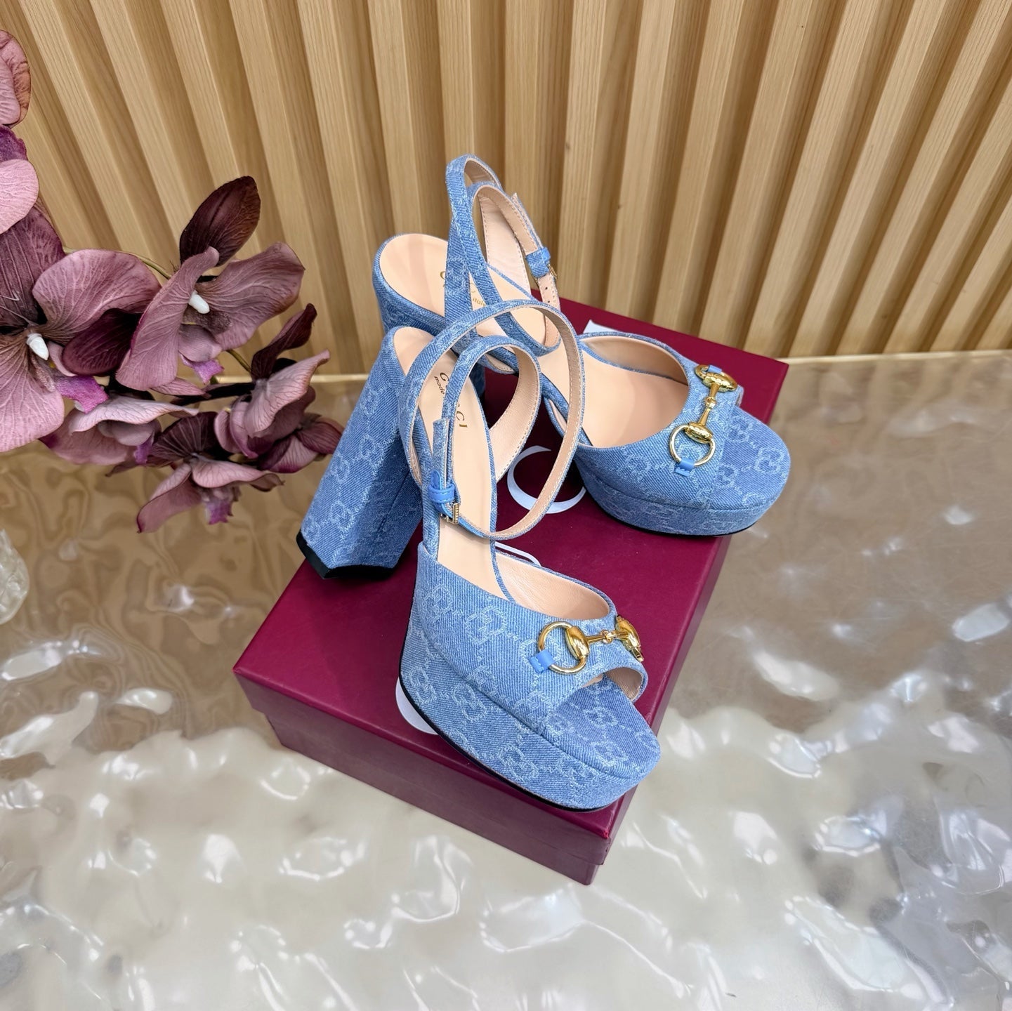 GG 26s Horsebit Platform Sandals 11cm Blue Suede 886502