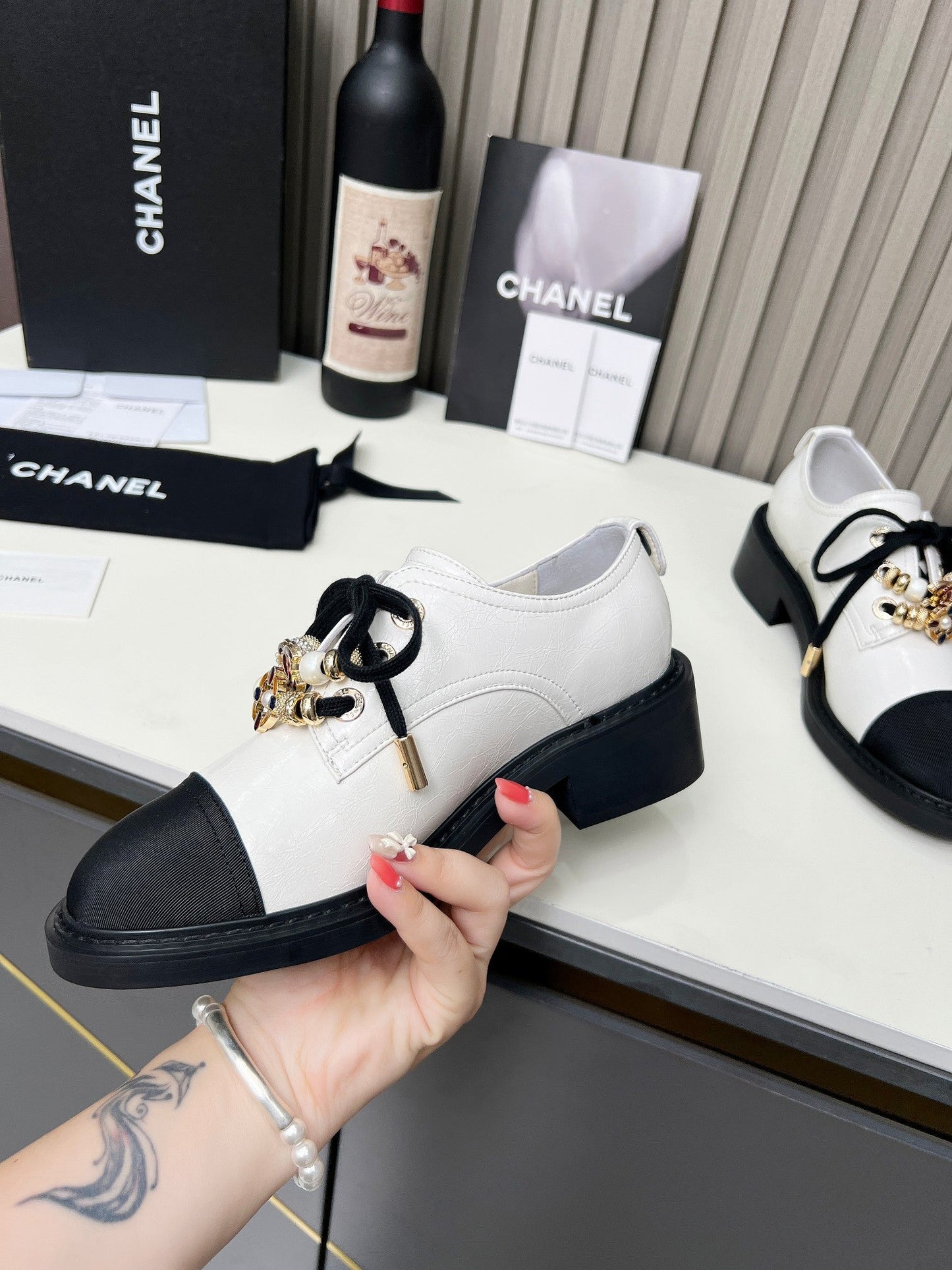 CC Flat Shoe Black White Shiny Aged Calfskin