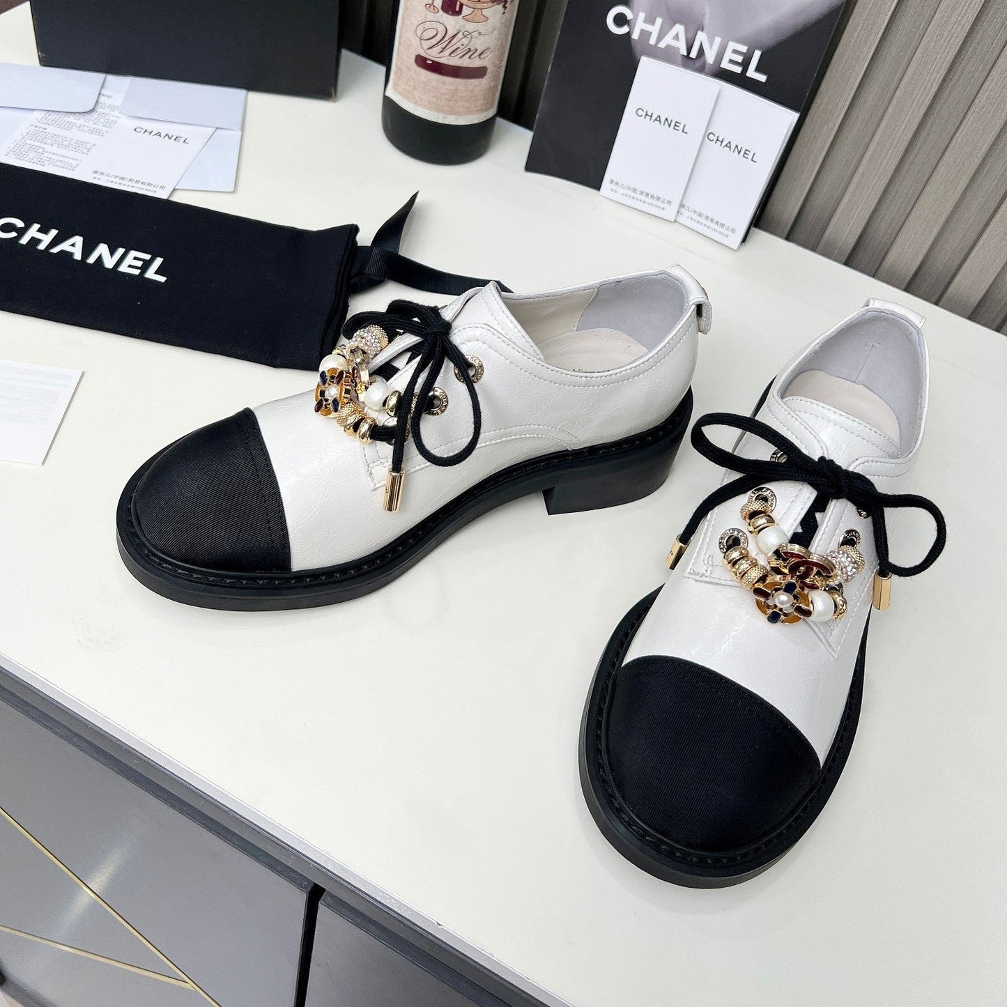 CC Flat Shoe Black White Shiny Aged Calfskin