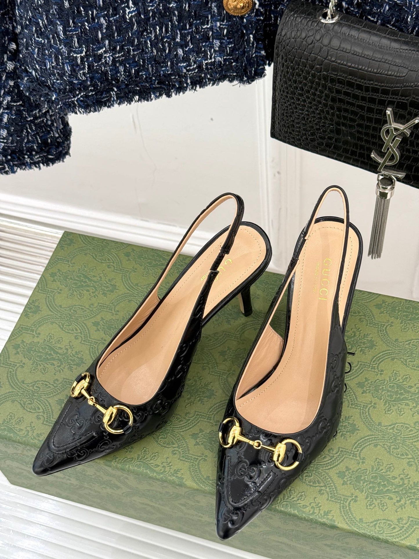 GG Horsebit Slingback 100MM Black GG Leather Point Toe