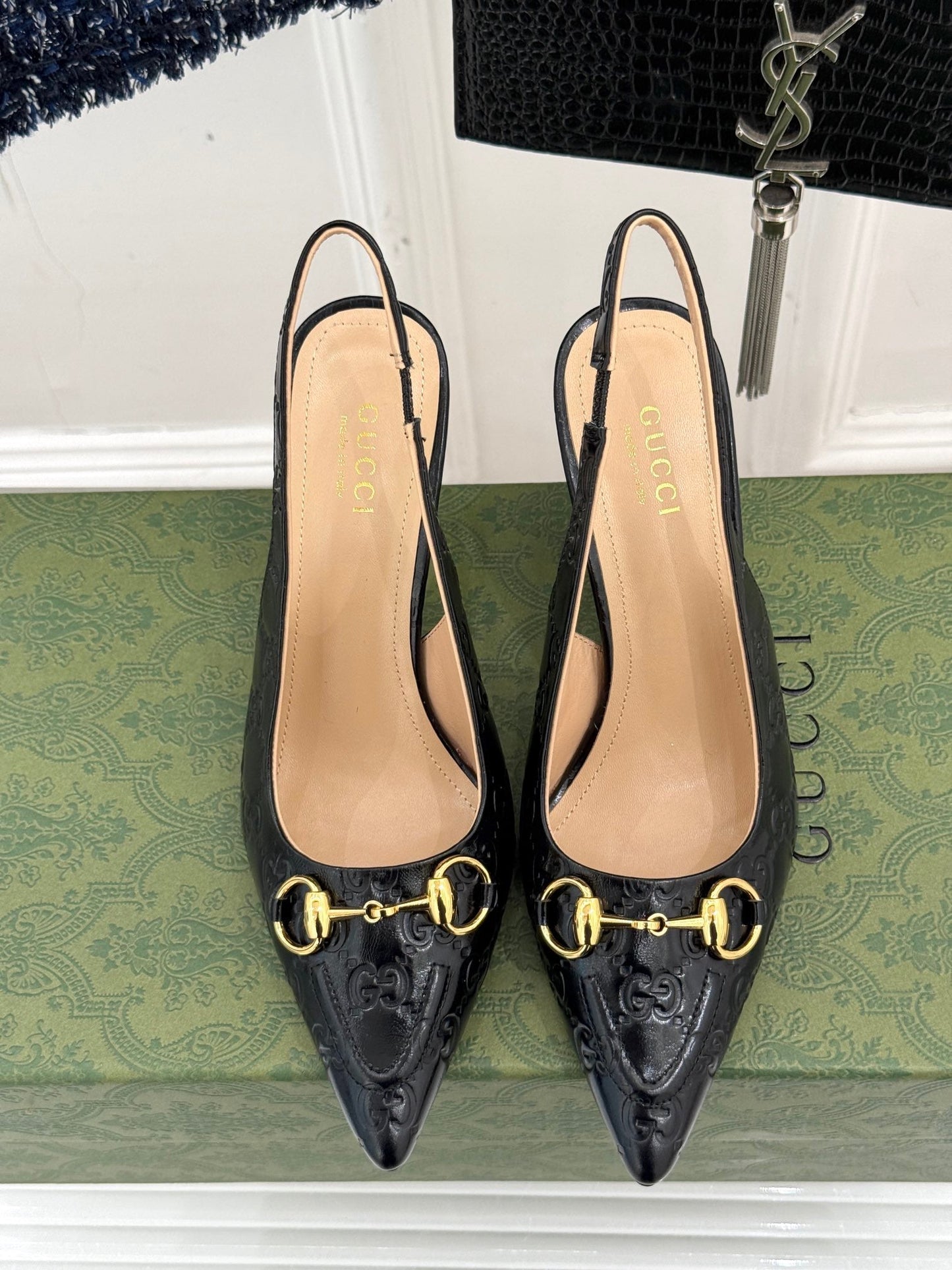 GG Horsebit Slingback 100MM Black GG Leather Point Toe