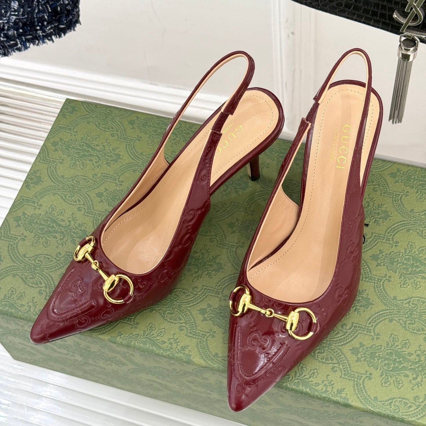 GG Horsebit Slingback 100MM Burgundy GG Leather Point Toe