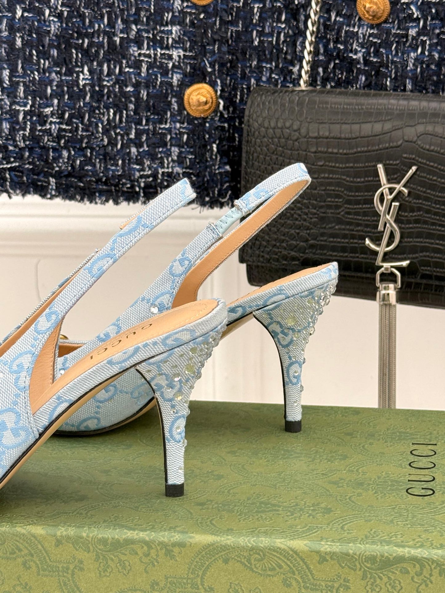 GG Horsebit Slingback 85MM Beige Cloud Blue Monogram Canvas Point Toe Crystal-Embellished
