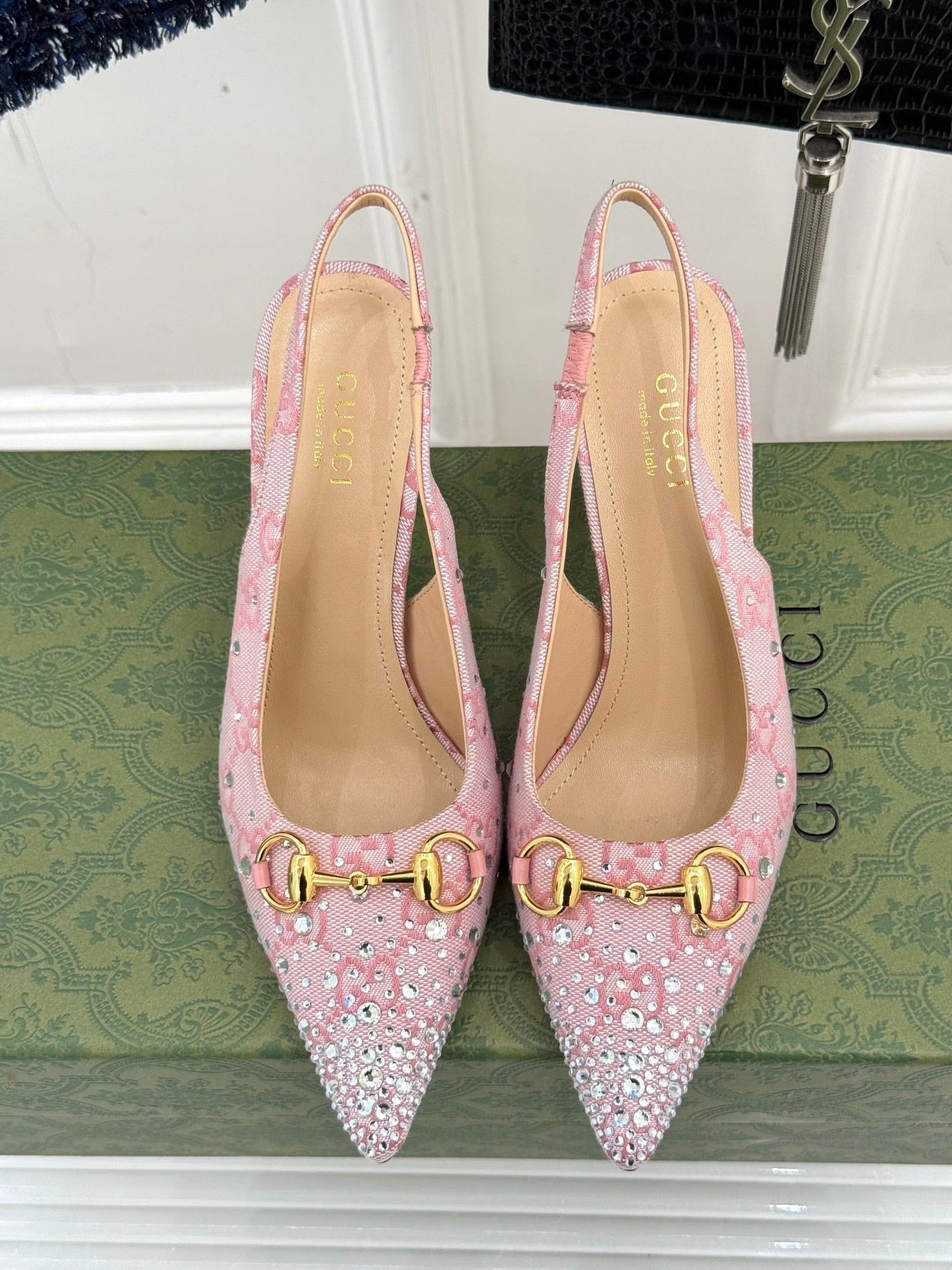 GG Horsebit Slingback 100MM Beige Pink Monogram Canvas Point Toe Crystal-Embellished