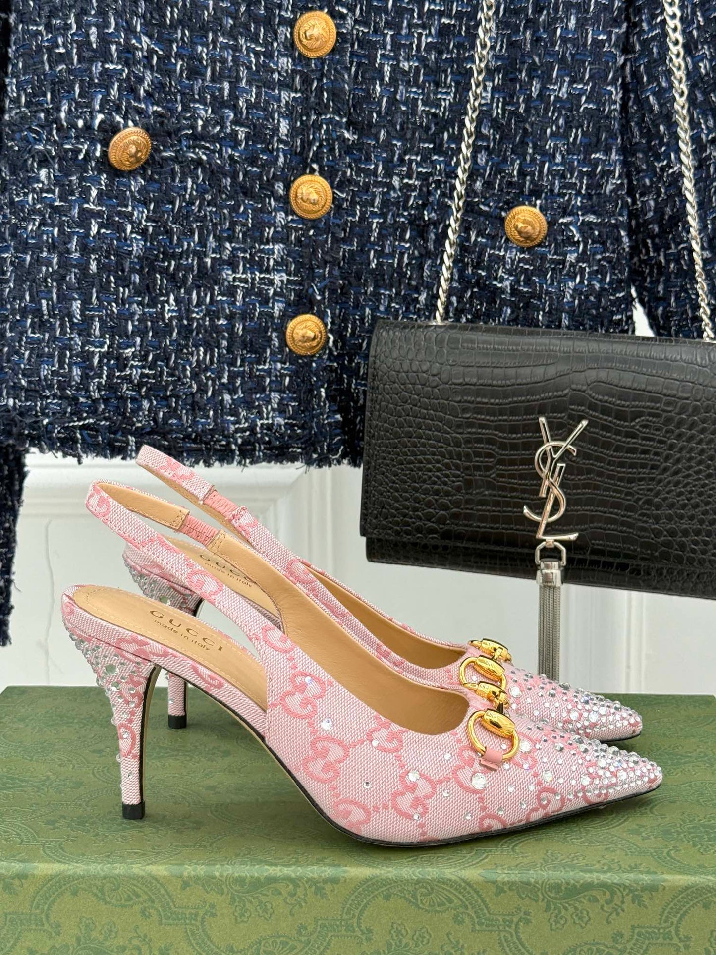 GG Horsebit Slingback 100MM Beige Pink Monogram Canvas Point Toe Crystal-Embellished