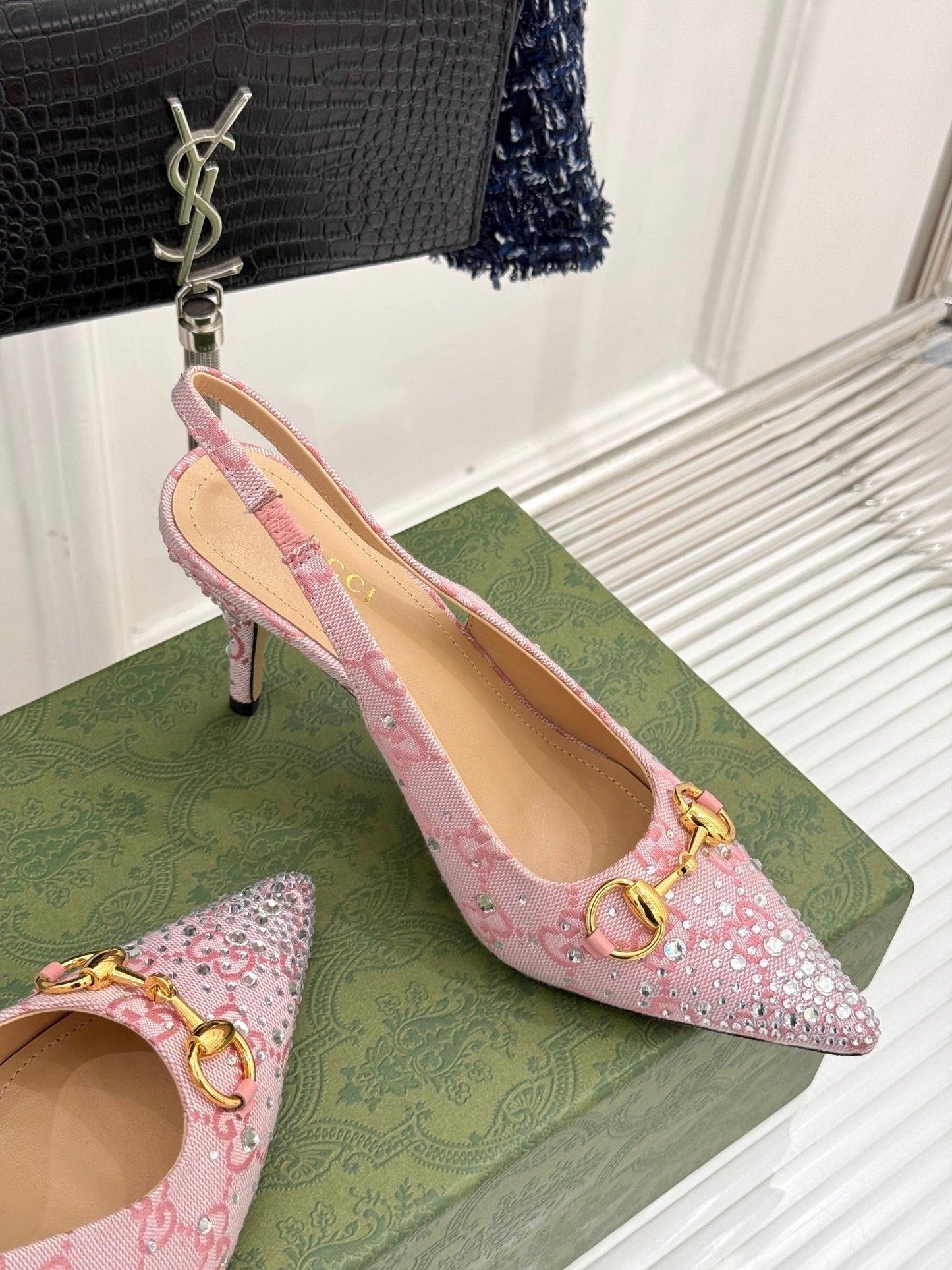 GG Horsebit Slingback 100MM Beige Pink Monogram Canvas Point Toe Crystal-Embellished