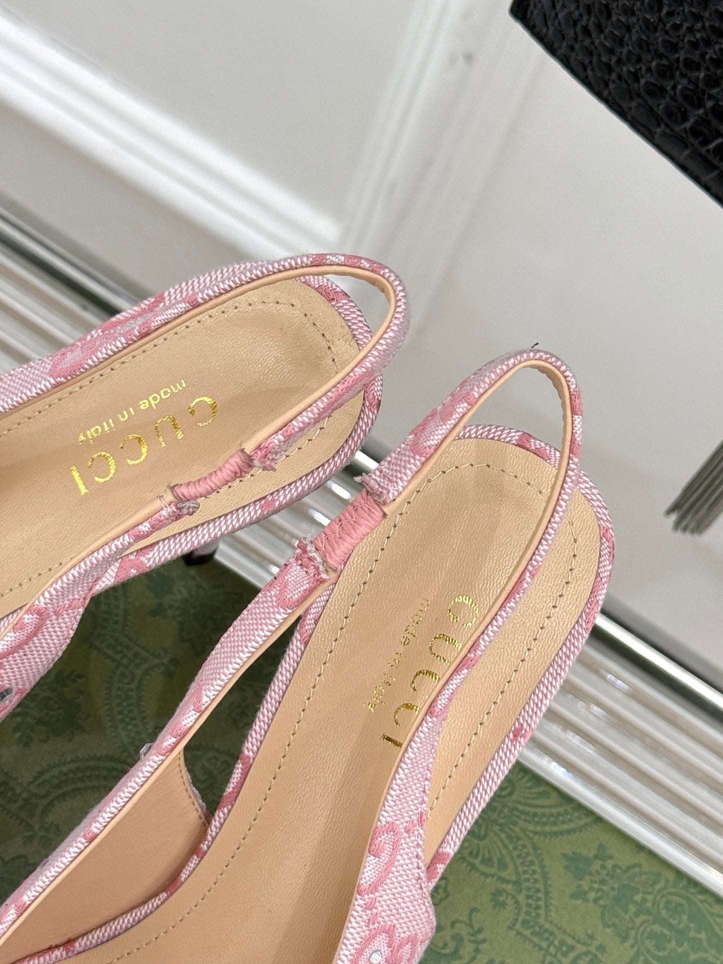 GG Horsebit Slingback 100MM Beige Pink Monogram Canvas Point Toe Crystal-Embellished