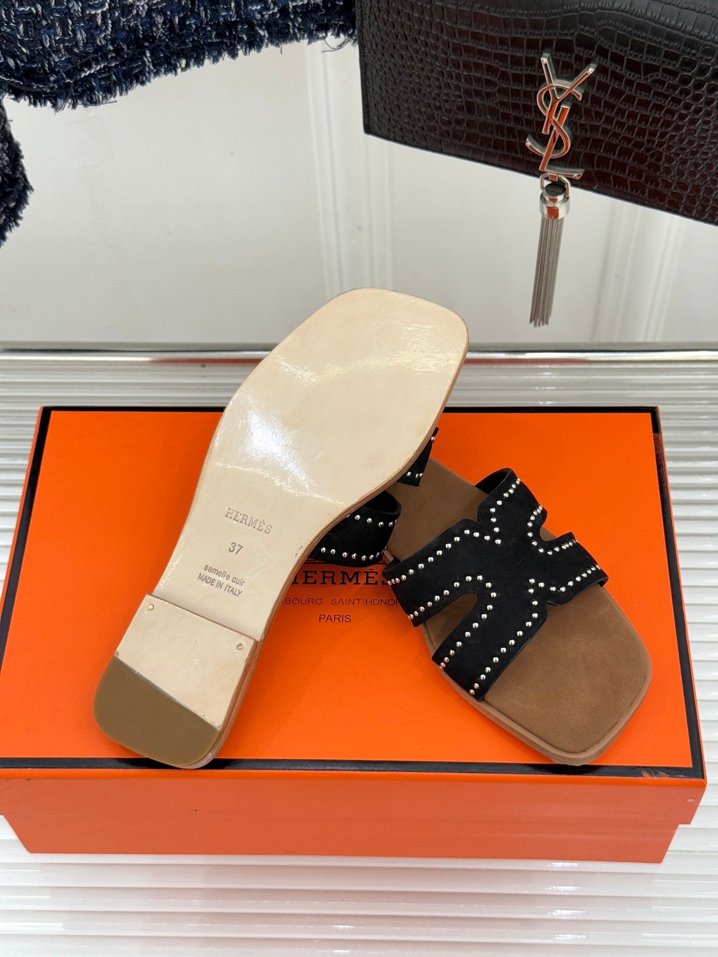 HM 26ss Flat Slippers Brown Black Suede 642827