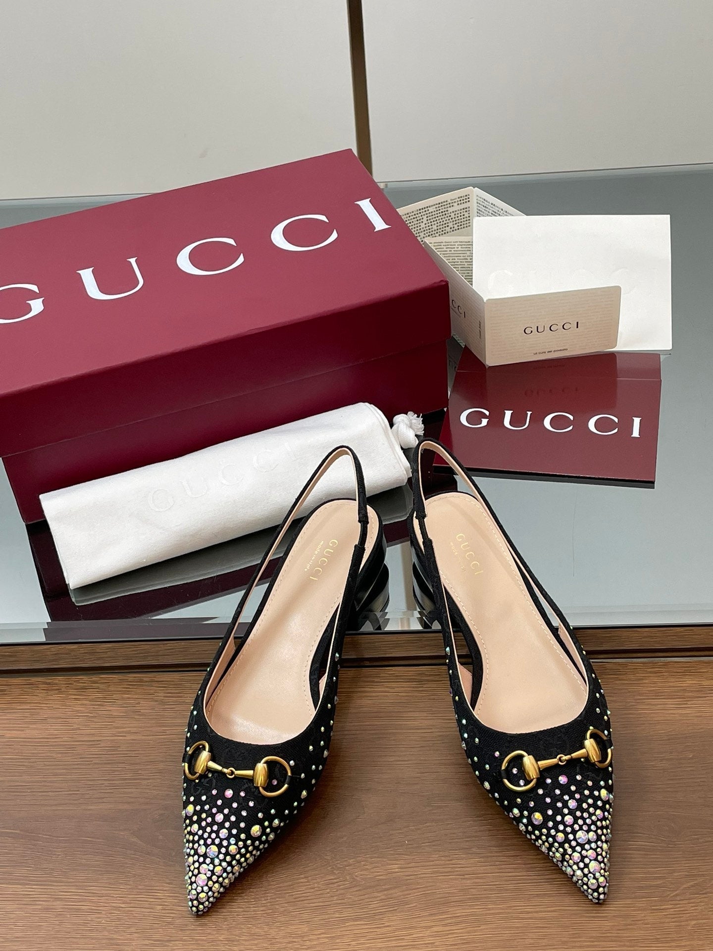 GG Horsebit Slingback Flat Black Ebony Monogram Canvas Point Toe Crystal-Embellished