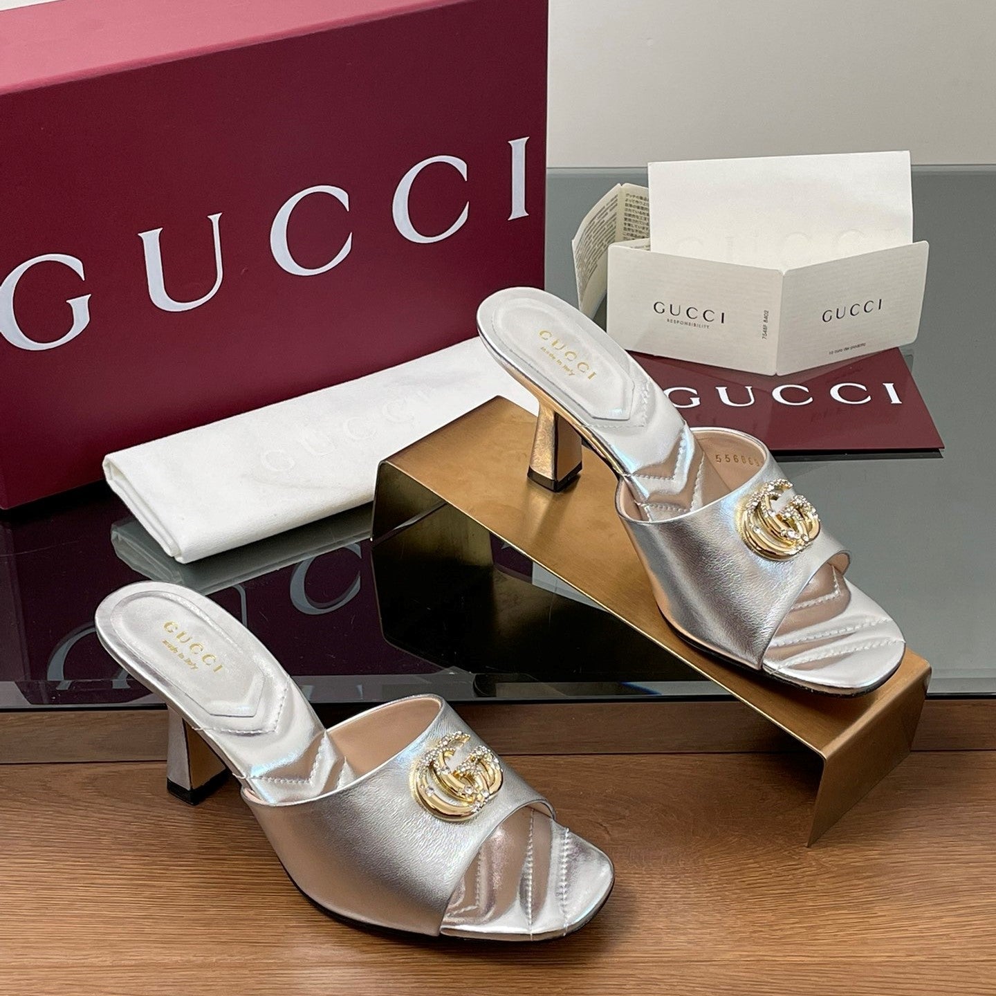 GG Canvas Mid-Heel Mules 7.5cm Sliver Sheepskin 646477