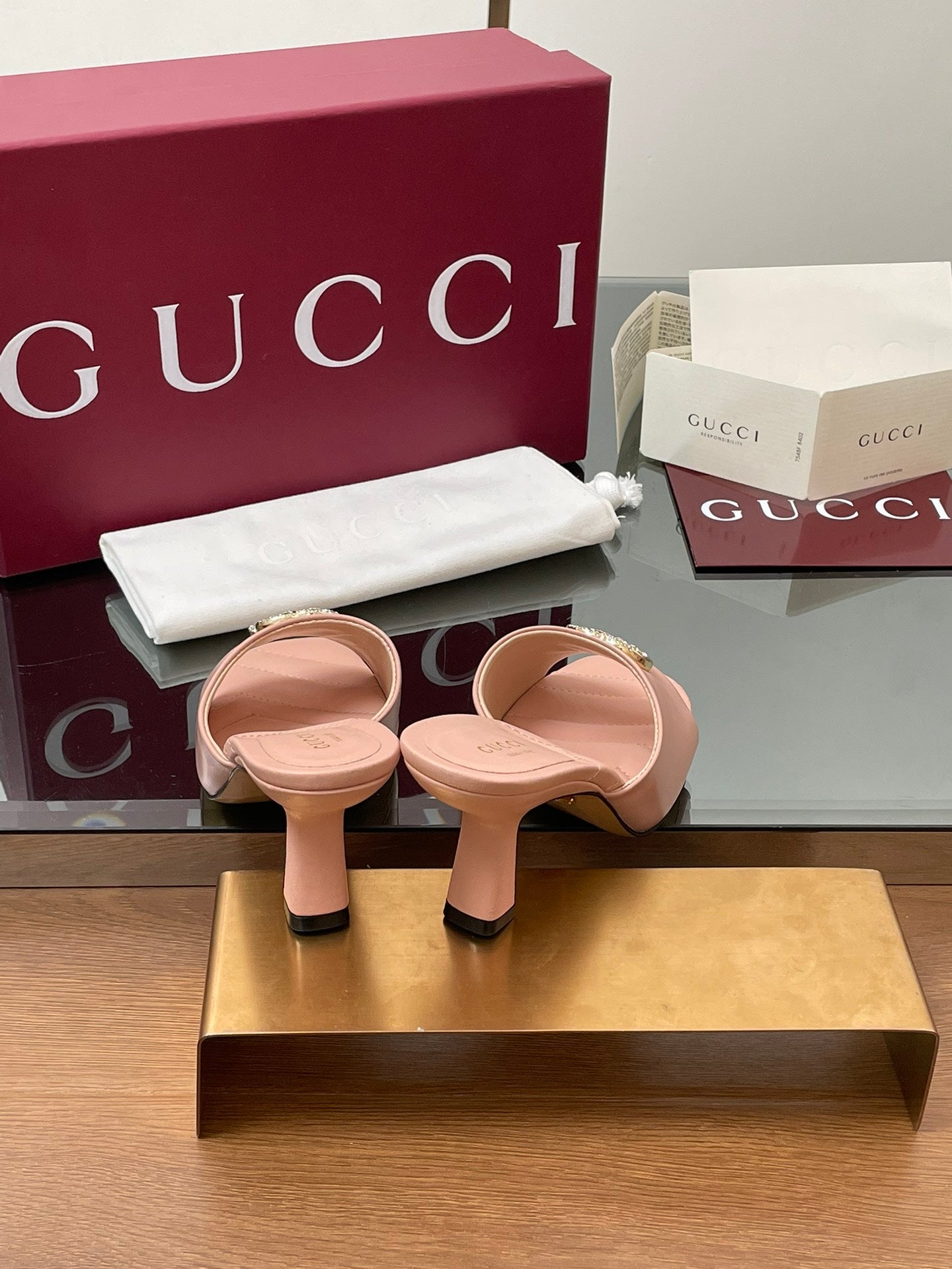 GG Canvas Mid-Heel Mules 7.5cm Light Pink Sheepskin 646479