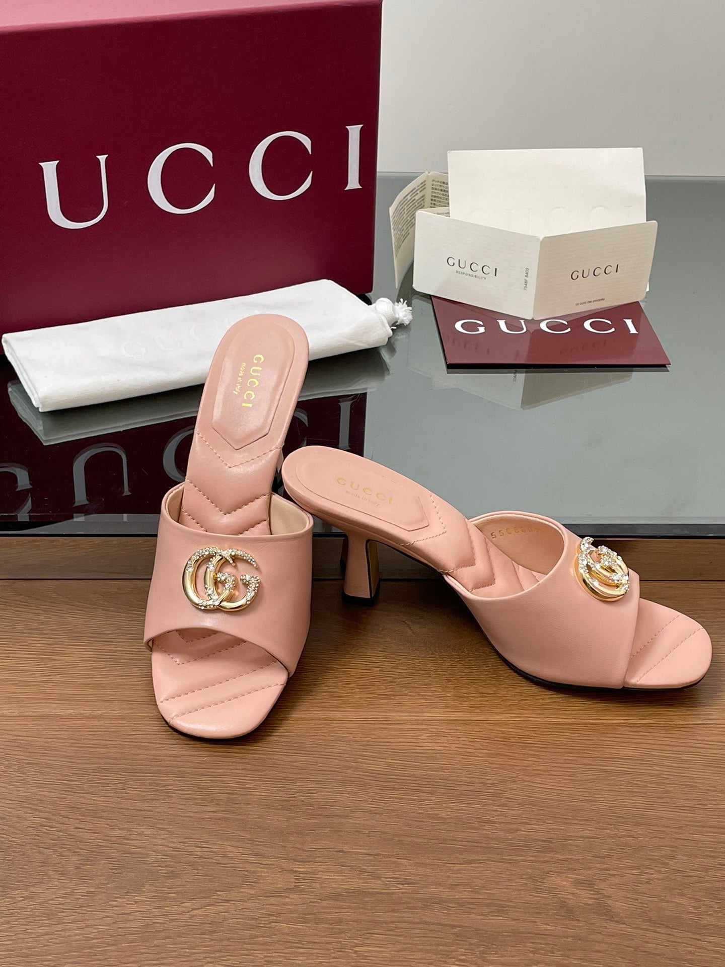 GG Canvas Mid-Heel Mules 7.5cm Light Pink Sheepskin 646479