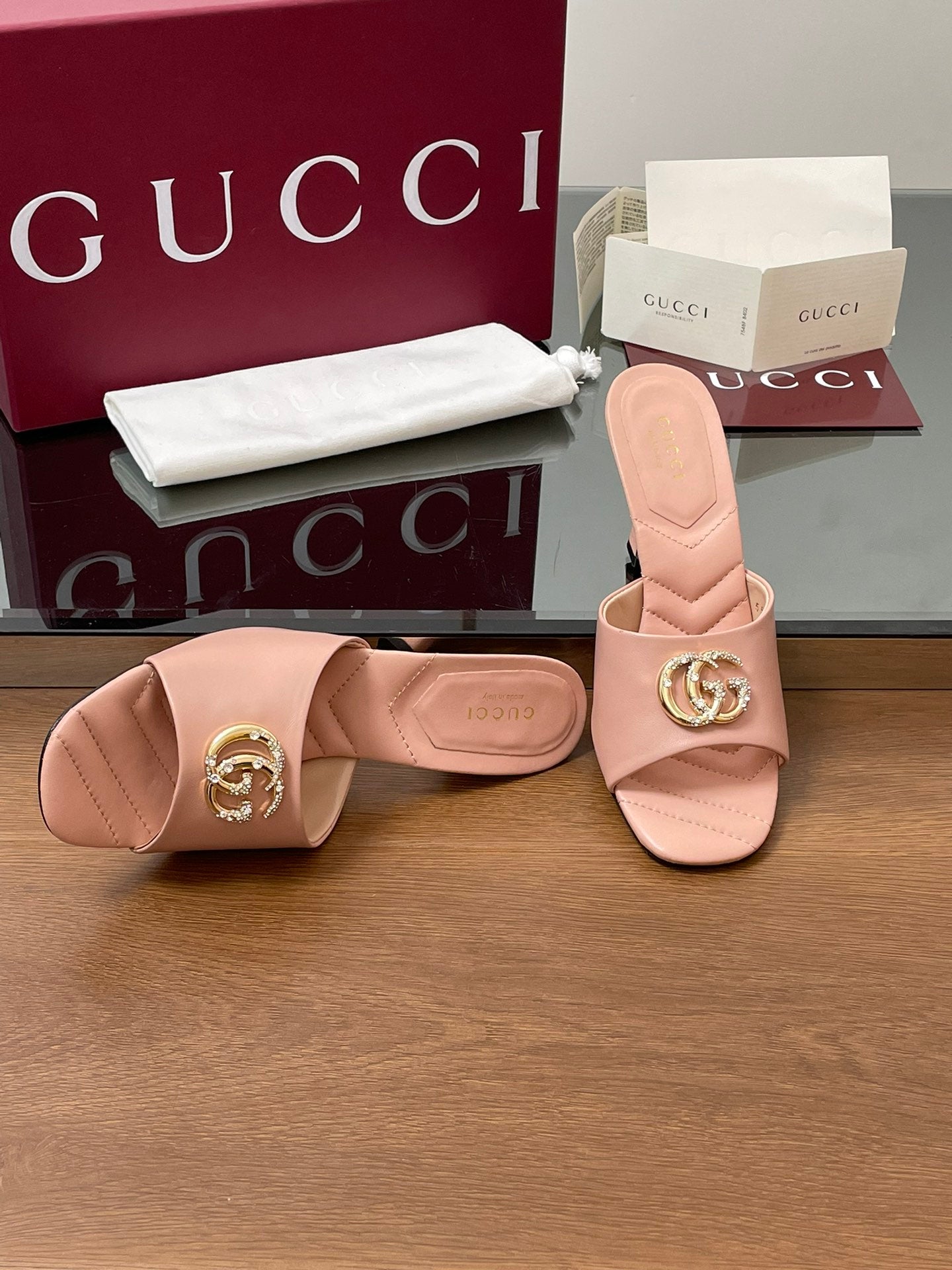 GG Canvas Mid-Heel Mules 7.5cm Light Pink Sheepskin 646479