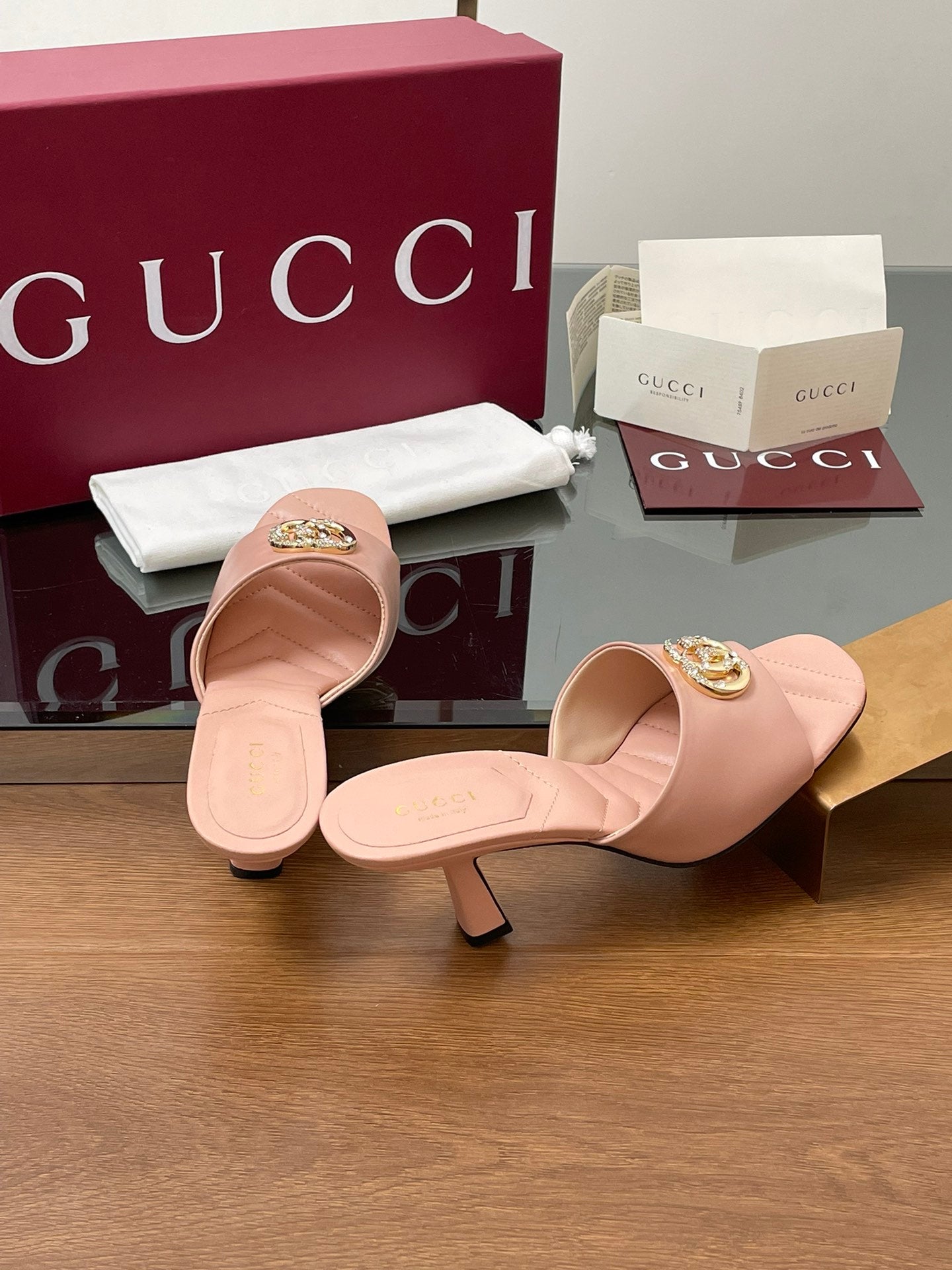 GG Canvas Mid-Heel Mules 7.5cm Light Pink Sheepskin 646479