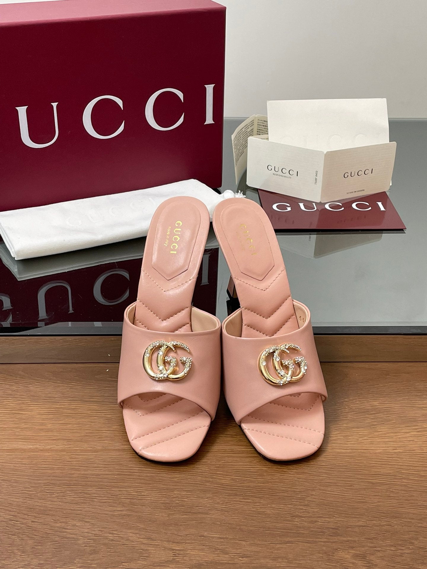 GG Canvas Mid-Heel Mules 7.5cm Light Pink Sheepskin 646479