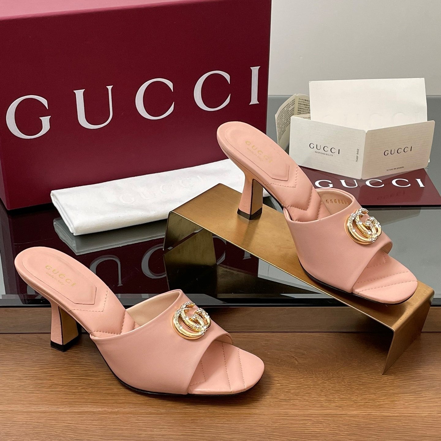 GG Canvas Mid-Heel Mules 7.5cm Light Pink Sheepskin 646479