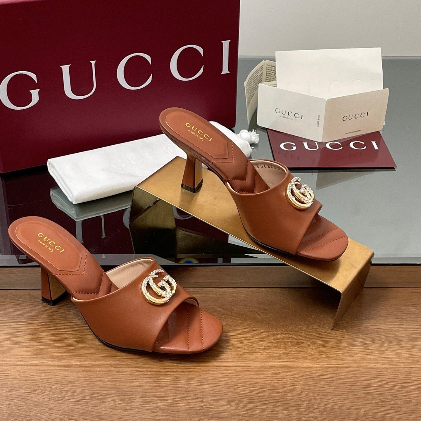 GG Canvas Mid-Heel Mules 7.5cm Tan Brown Sheepskin 646480