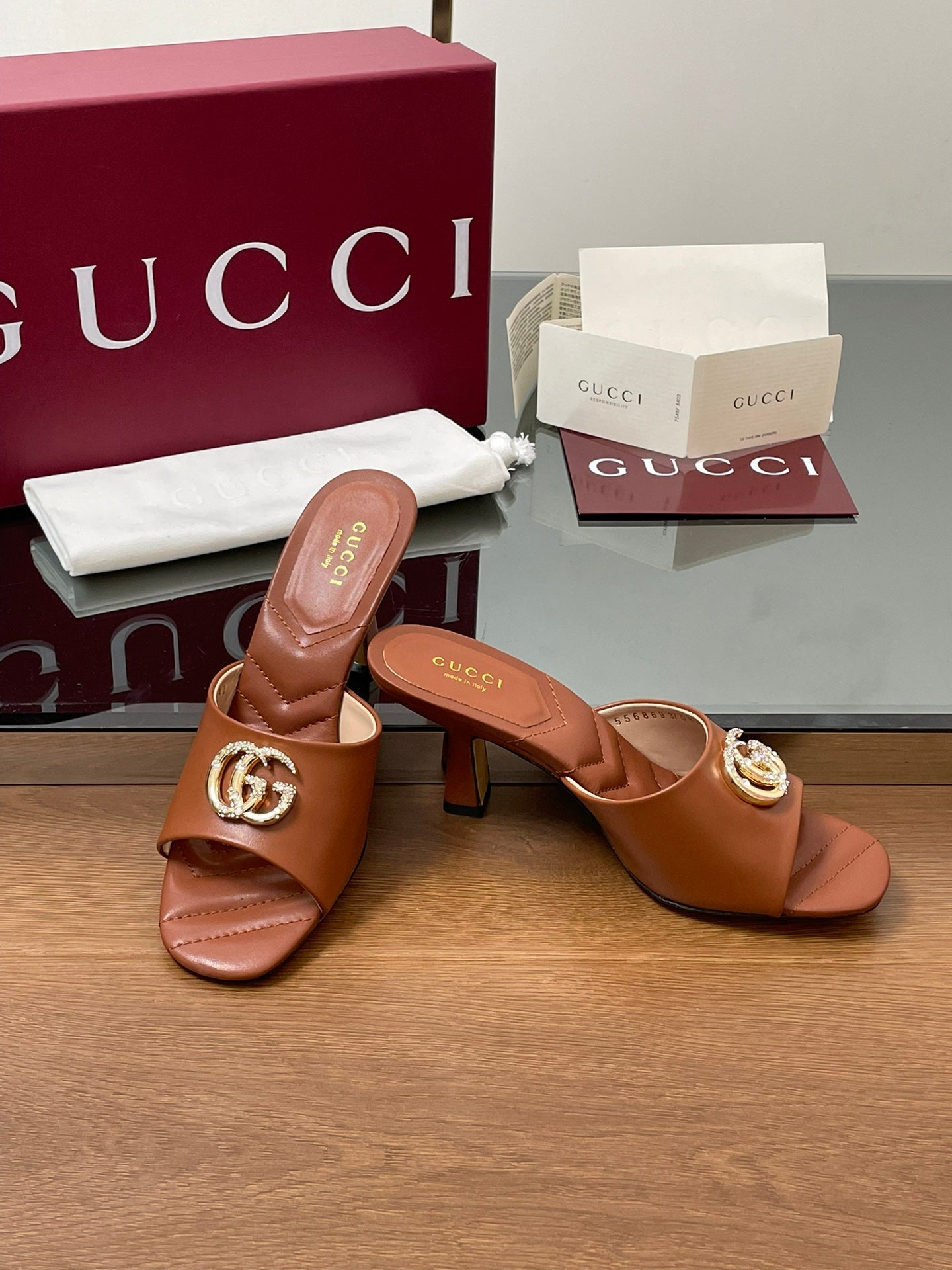 GG Canvas Mid-Heel Mules 7.5cm Tan Brown Sheepskin 646480